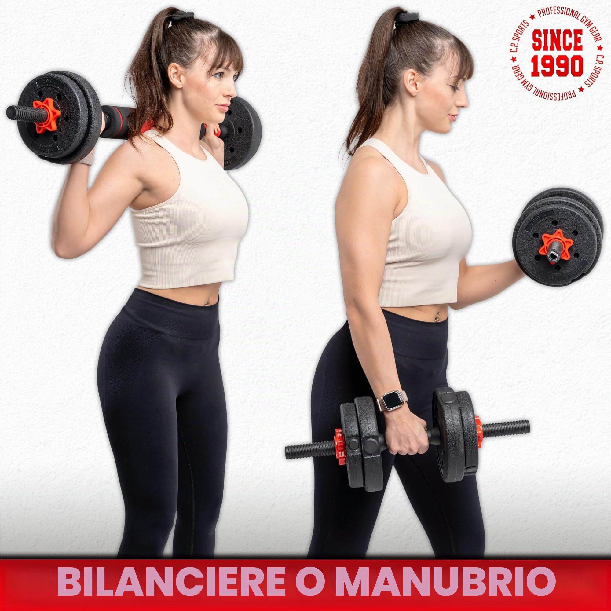 C.P.Sports 2in1 Set manubri e bilancieri | 30kg / 40kg Manubri | Piastre di Peso in plastica per Allenamento con i Pesi, Fitness, Palestra Domestica