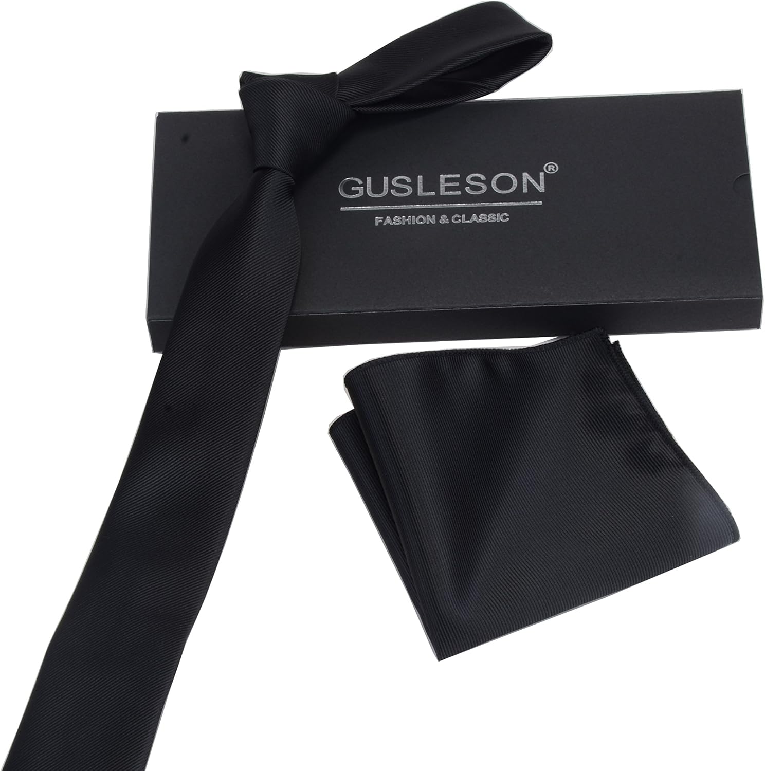 GUSLESON 2.4" Slim Tie and Pocket Square Set For Men Solid Skinny Necktie (0754-01) : Clothing, Shoes & Jewelry