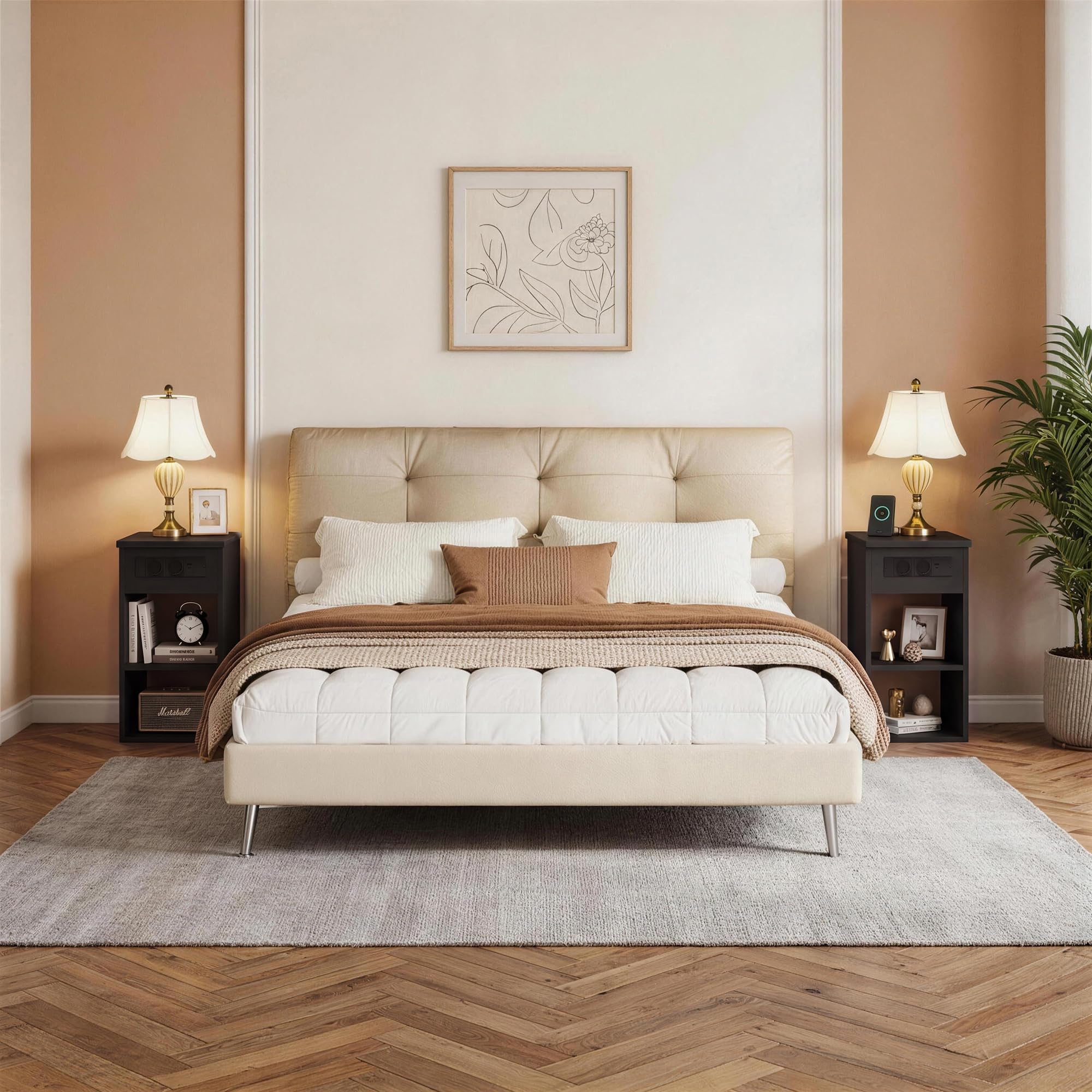 YOUDENOVA Comodini Camera da Letto, Comodino Stretto 30 cm, con Presa Elettrica Integrata, 2 Ripiani a Giorno e Vani Nascosti, Tavolino Salotto per Soggiorno Vamera da Letto, Nero