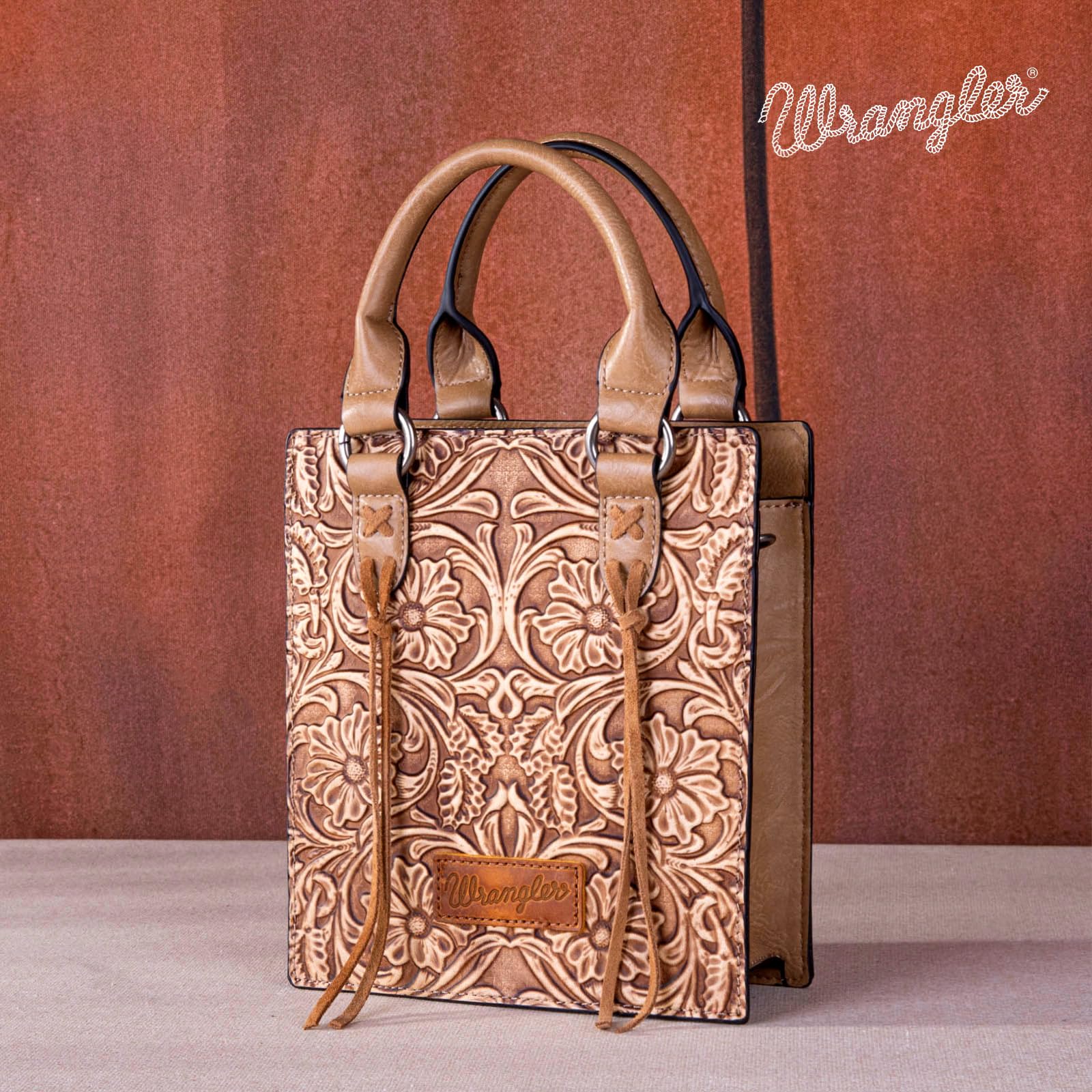 Wrangler Bolso cruzado en relieve para mujer, bolso con flecos y asa superior y mini bolso occidental