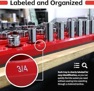 MaxWorks 6-Piece Magnetic Socket Organizer Set SAE & Metric 1/4 3/8 1/2 Drive Holders with Strong Magnetic Base for Toolbox & Garage Storage 51080
