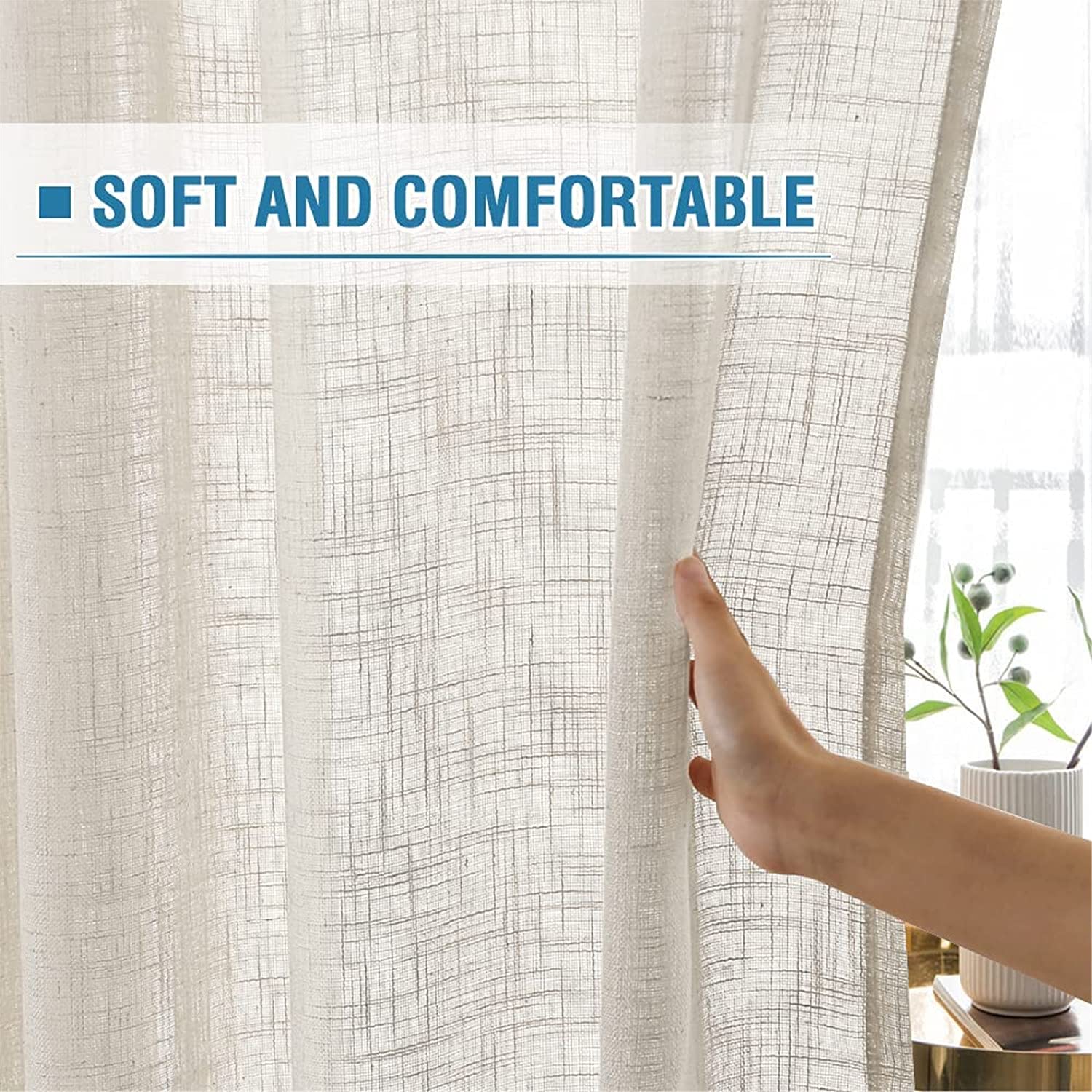 Leinen Vorhang Natürliche Leinenmisch vorhänge für Wohnzimmer Sackleinen Strukturierte Leinenoptik vorhänge Halb transparente Vorhänge mit Kräuselband 2 Paneele (Natürlich,2X 132x240 cm)