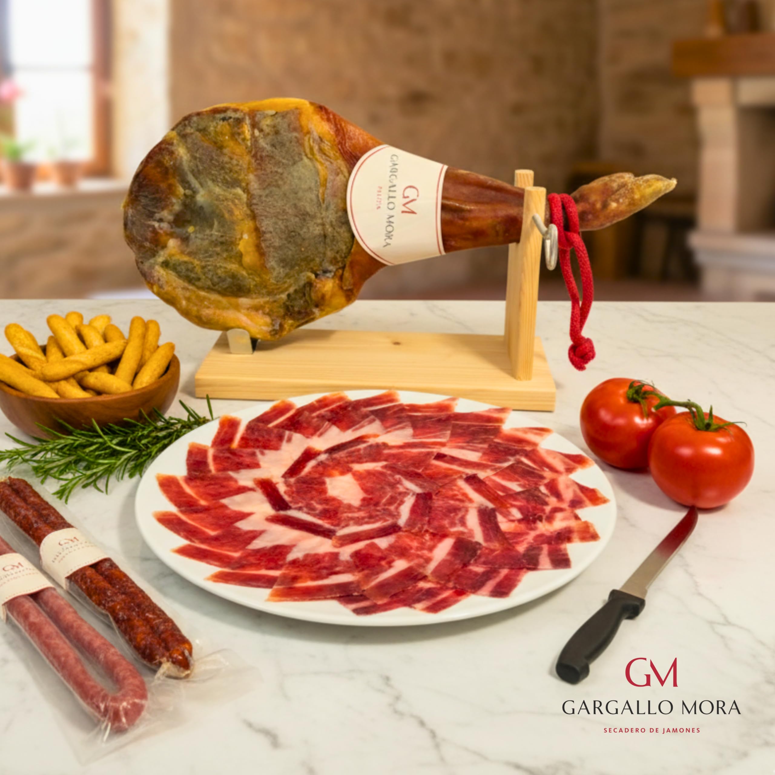 Jambon espagnol de réserve 4,5 kg d'épaule de porc (50% Duroc) affiné pendant au moins 10 mois + Chorizo ​​de Pâques et Longaniza + support à jambon et couteau