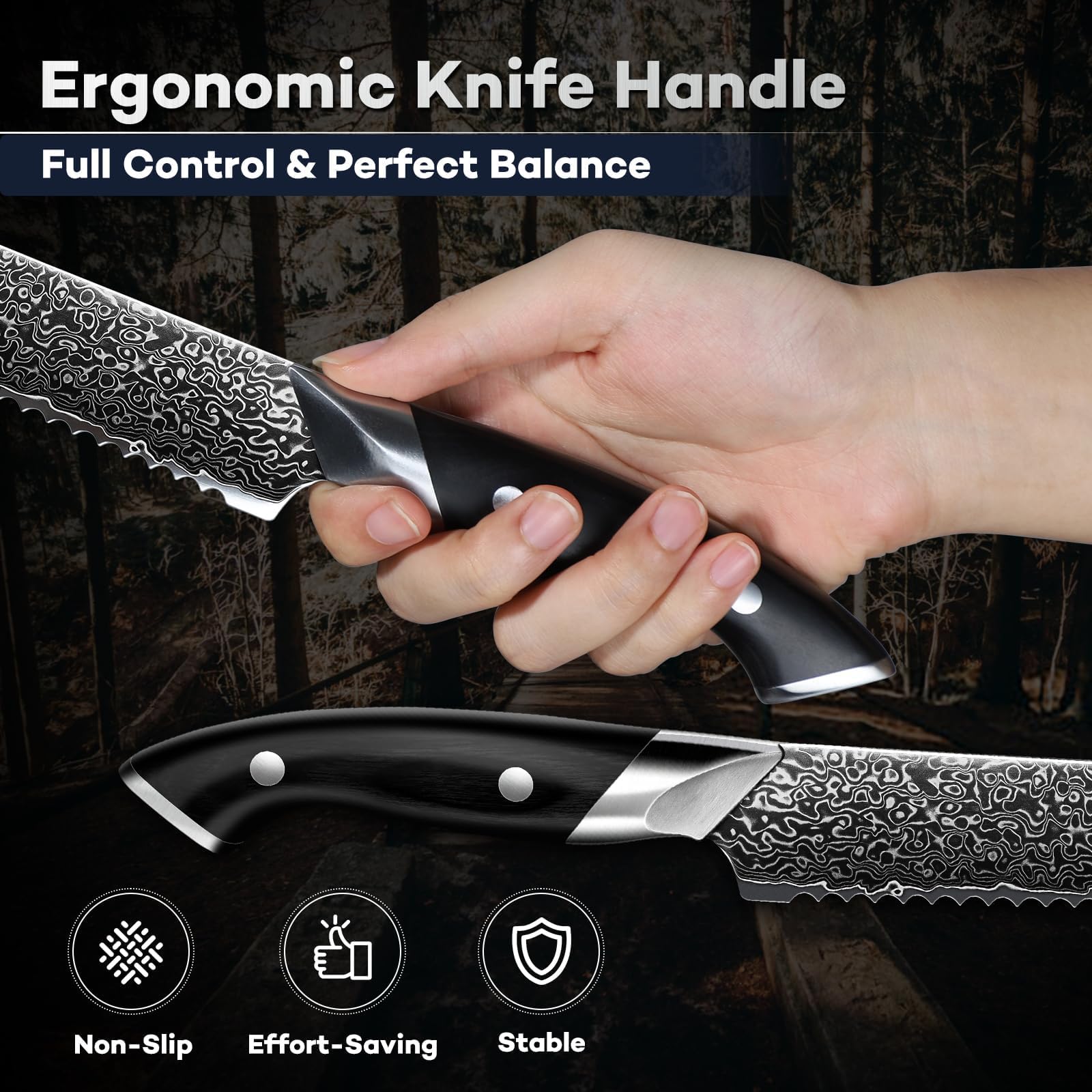 DRAGON RIOT Damas Couteau a Pain - Couteaux de Cuisine Professionnel avec Manche en Bois, Couteau pour Pain, Bagels, Gâteaux, pour Hommes et Femmes
