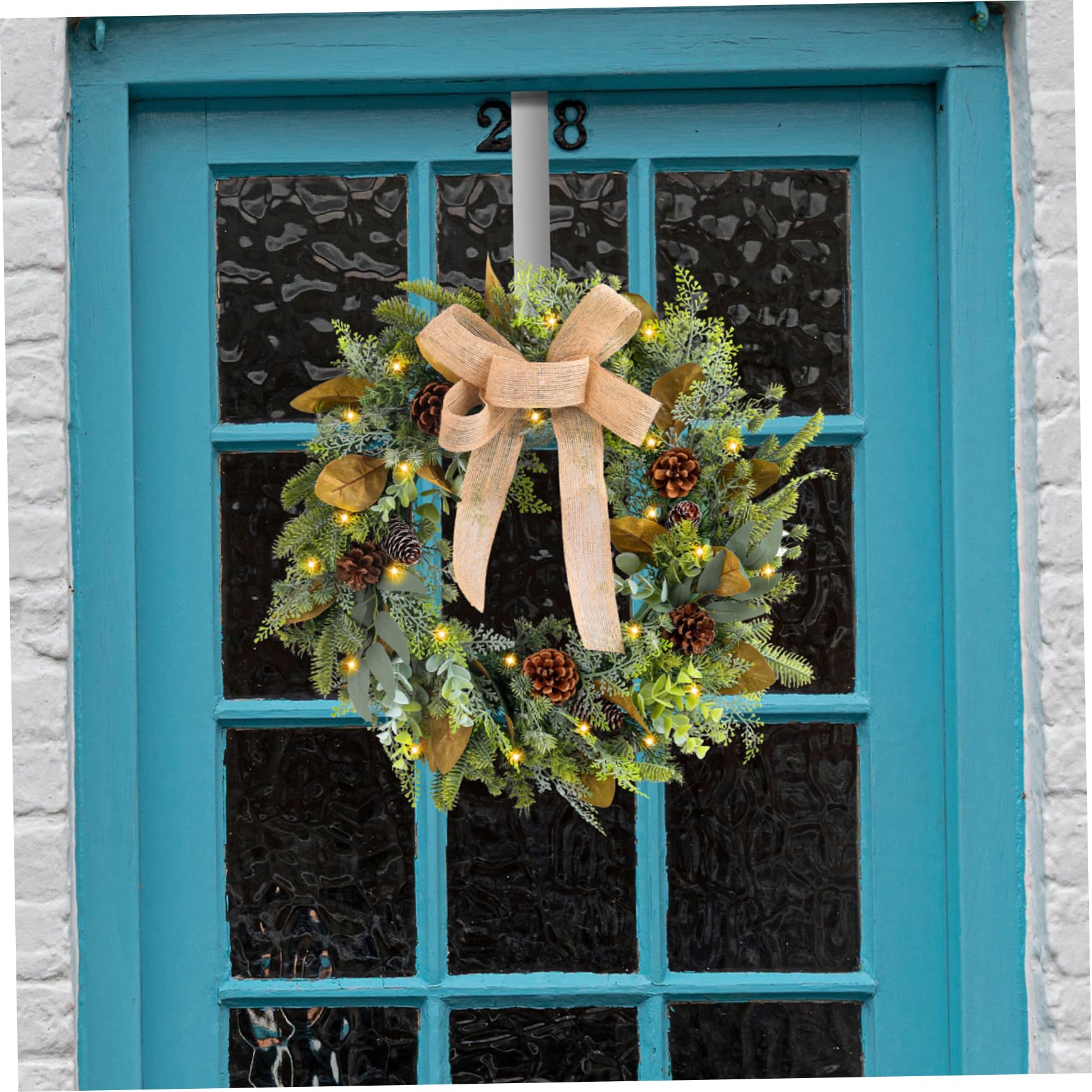 Couronne Artificielle, Couronne de Noël avec des lumières LED, Noël Suspendu de 18 Pouces avec Grand Arc, pinone, Feuilles pour la Porte d'entrée décor Vacances