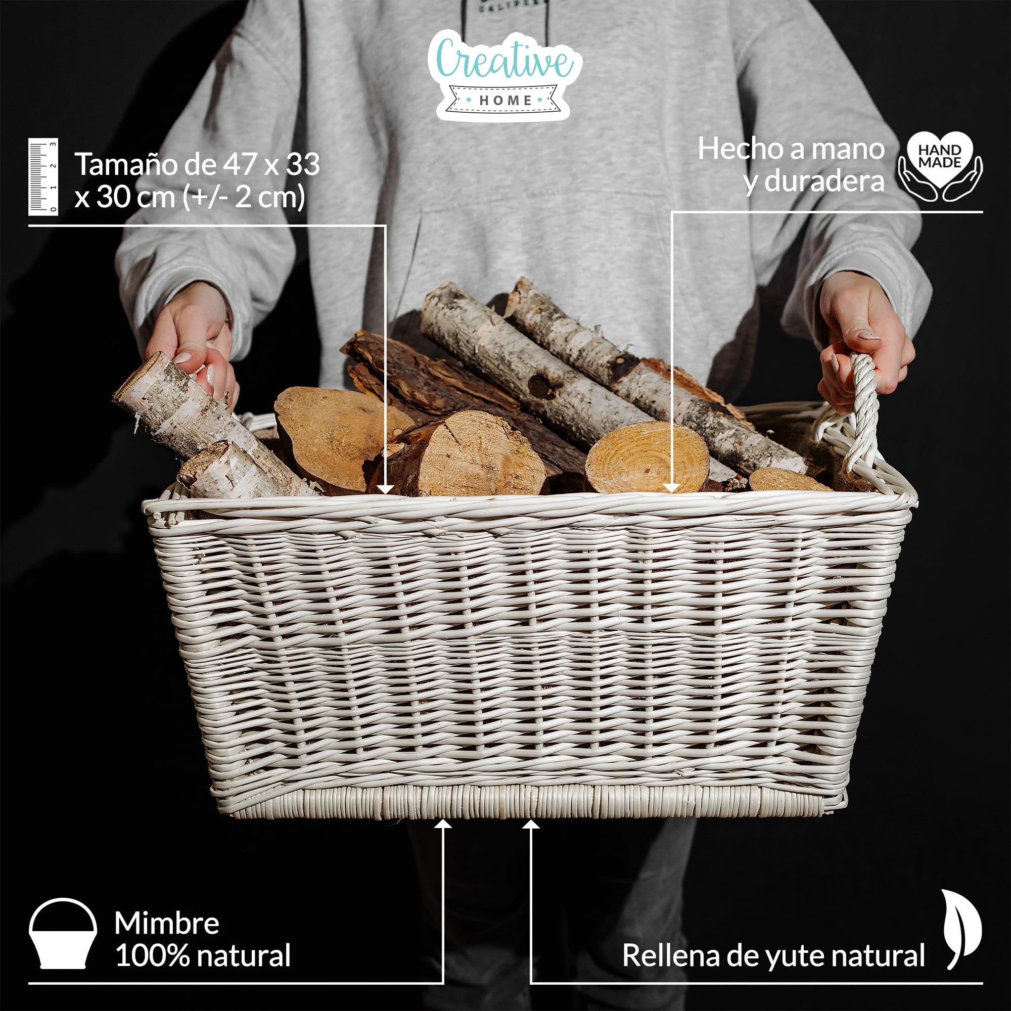 Creative Home Cesta de Mimbre Blanca para Almacenar Leña 47x33x30cm | Tela de Yute | Asas | Rectangular Grande | Tejida a Mano Duradera Interior | Sauce Grueso Natural | Multiuso