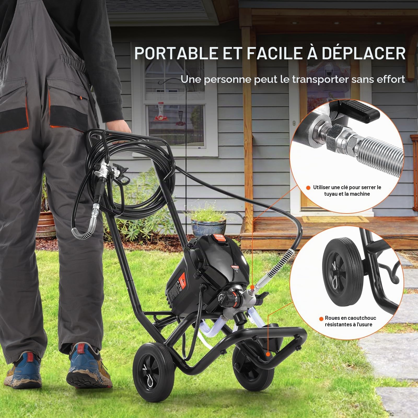 VEVOR Système de Peinture par Pulvérisation 750 W 3000 PSI Pulvérisateur sans Air avec Chariot Pistolet de Peinture avec Tuyau 7,6 m 1,2 L/Min pour Peinture Intérieure Extérieure Fournitures Clôtures