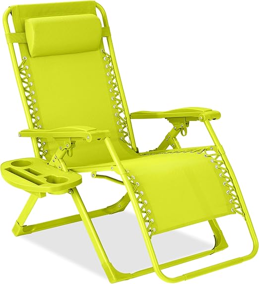 Best Choice Products Adjustable Zero Gravity Chair, Monochromatic Color Folding Patio Recliner w/Side Tray, Headrest - Neon