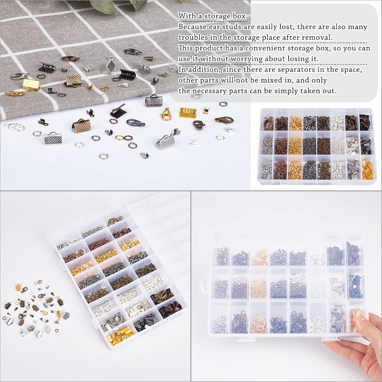PH PandaHall About 2580Pcs Jewelry Finding Kits of Fold Over Iron Cord Ends Ribbon End Jump Rings and Lobster Claw Clasps in 6 Colors Mixed Sizes