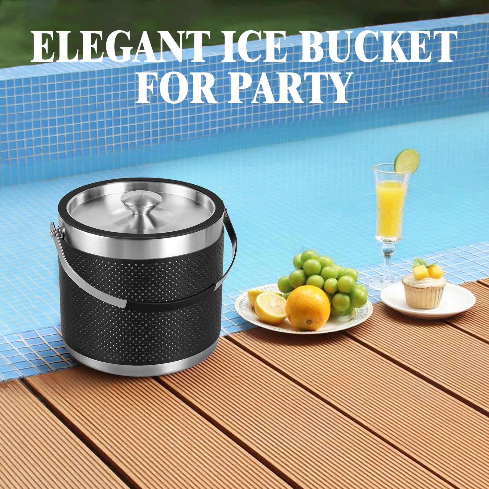 Cubo de hielo aislado de 3.2 L con tapa, cuchara, diseño de cuero, cubo de vino de acero inoxidable de doble pared para cóctel, bar, fiestas (negro)