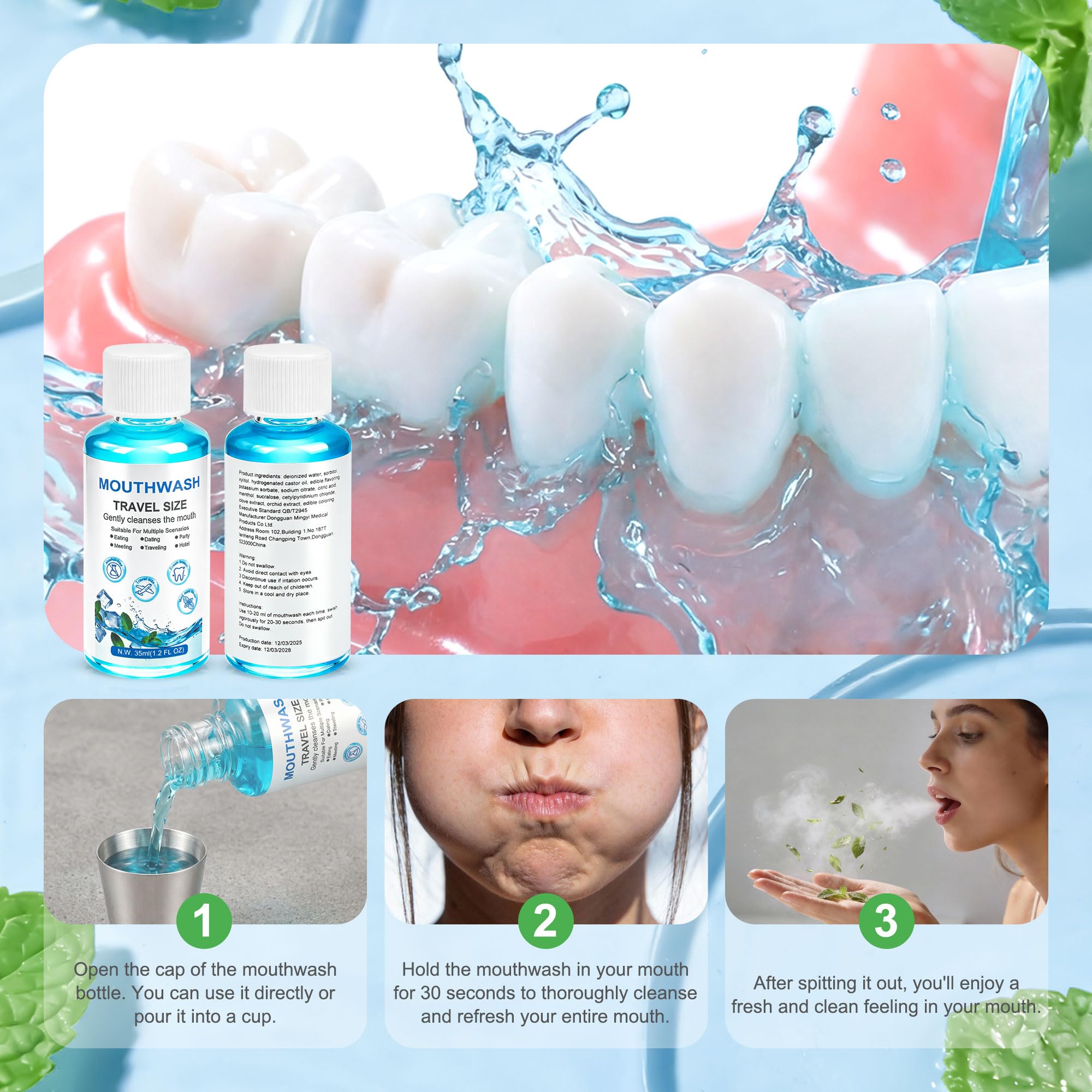 Travel Mouthwash Mini, 1,2 oz/35 ml Mini collutorio sfuso, alito fresco, facile da trasportare, adatto per viaggi, hotel, lavoro, appuntamenti, indispensabile (CONFEZIONE DA 50)
