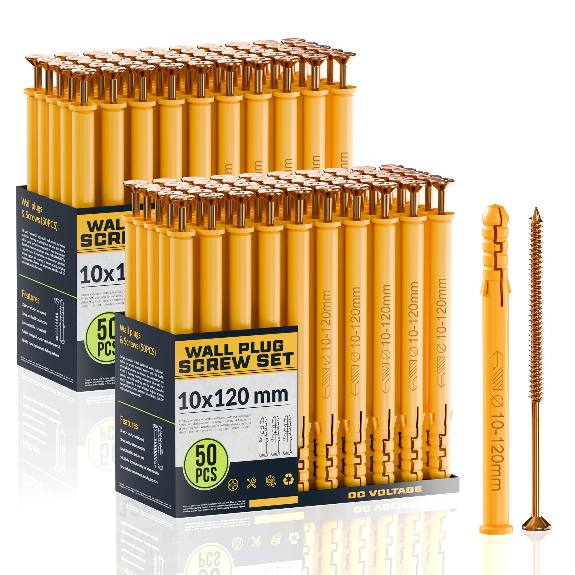 DC VOLTAGE 50pcs x 2 Wall Plugs and Screws Set 10 x 120 mm Anchor Bolts for Masonry Brick Concrete Heavy Duty Brick Concrete Fixings Plugs Assorted Set
