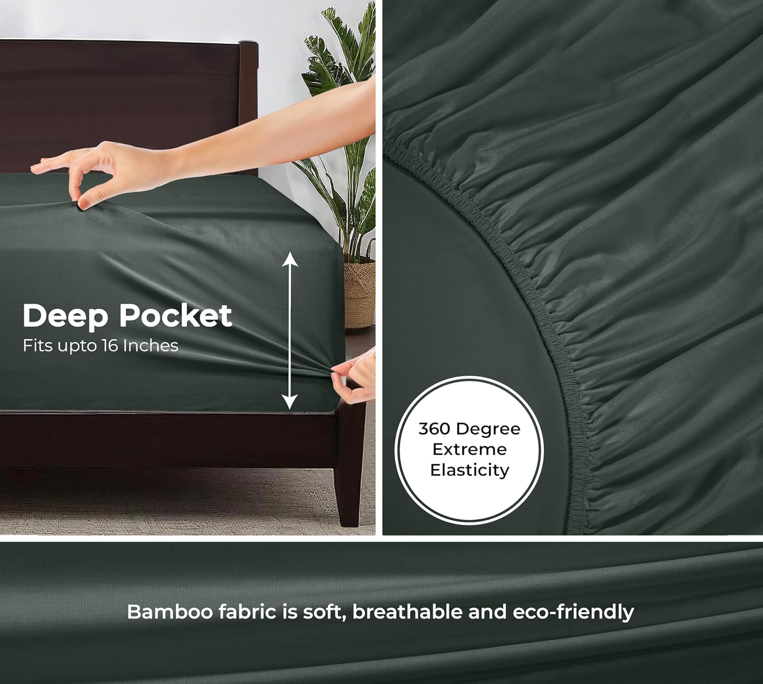 Royale Linens Rayon Derived Bamboo Viscose Fitted Sheet Only - Cooling Fitted Sheets for Bed - Deep Pocket Up to 16" - Organic Viscose Derived from Bamboo - Breathable Bottom Sheet (Grey, Queen)