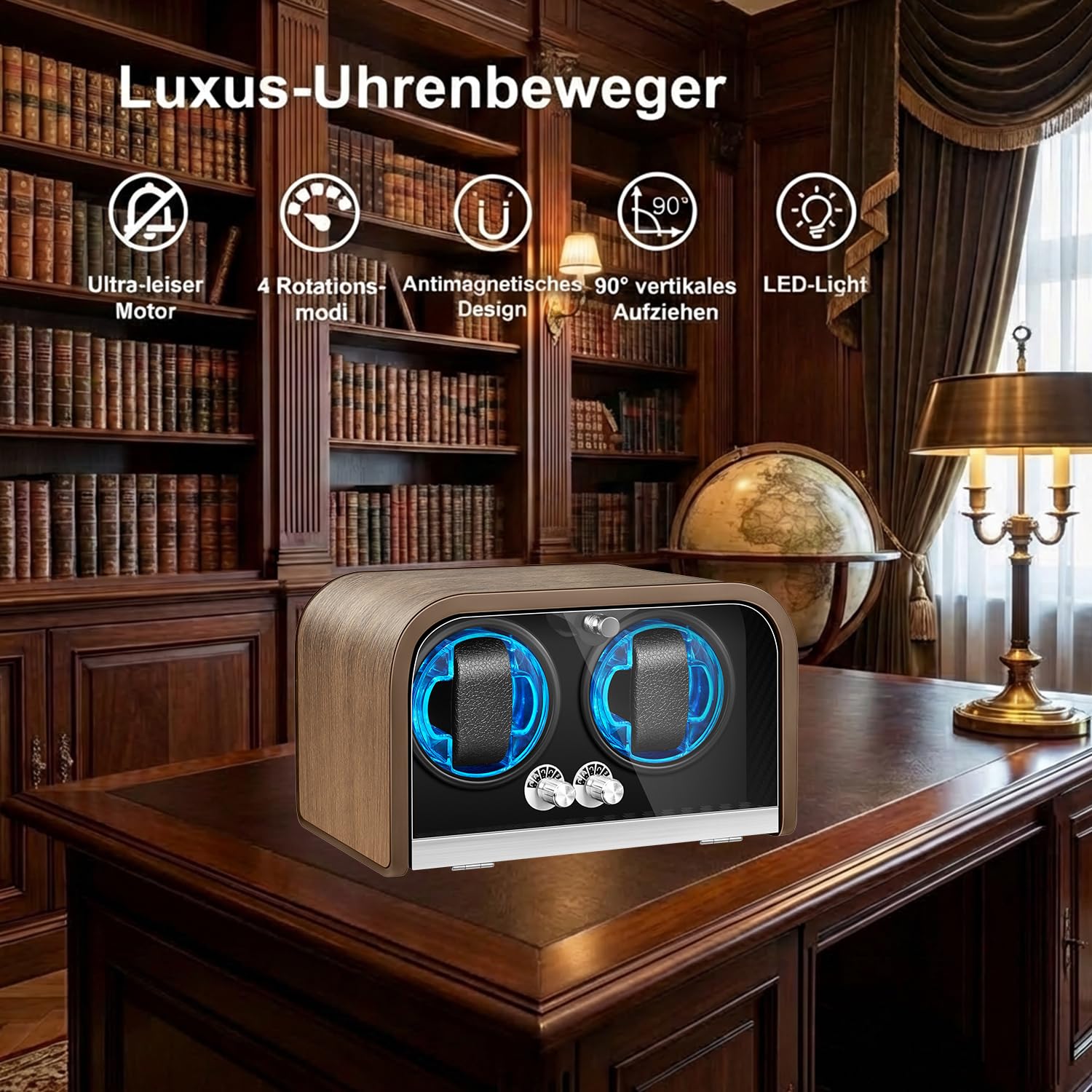 Uhrenbeweger für Automatikuhren, Uhrenbeweger mit 1/2/4 Fächern für Rolex, Uhrenbox mit superleisem Motor, 4 Rotationsmodi und LED-Beleuchtung, Geschenk für Männer