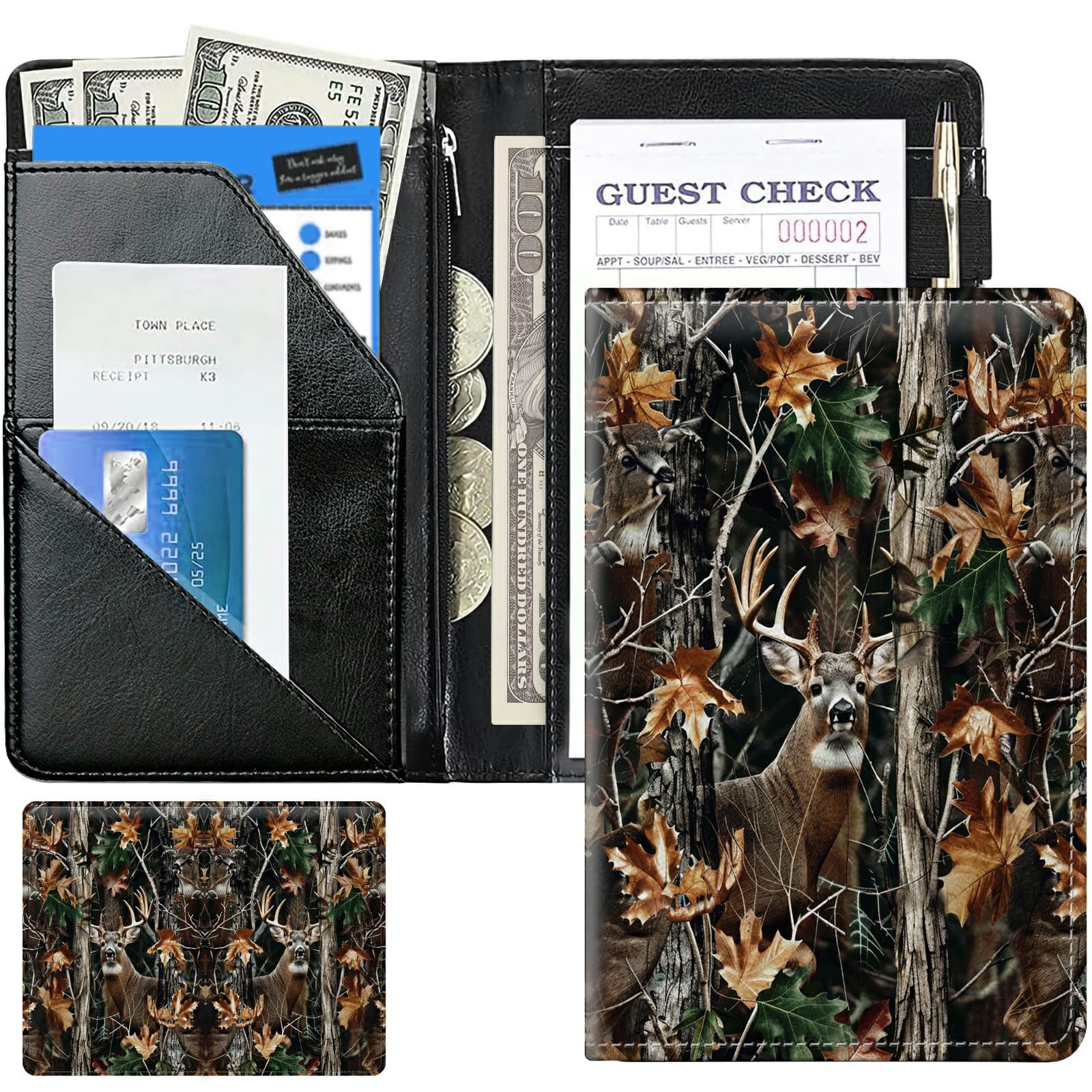 Camo Deer Cute Server Books for Waitress, Waiter Book Server Wallet with Zipper Money Pocket, 5 * 8 Waitress Ticket Book Holder Restaurant Waitstaff