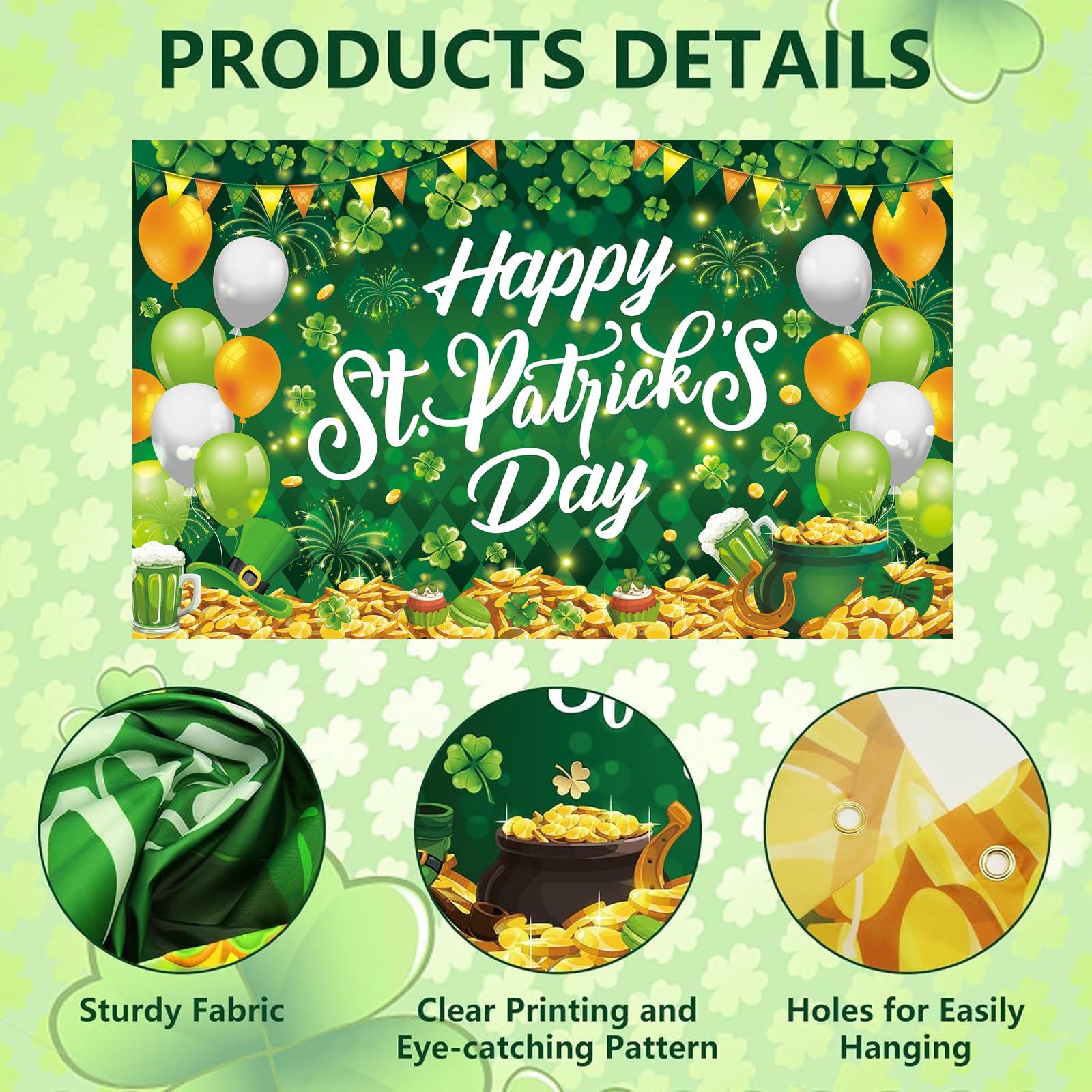 St Patricks Day Decorations Happy St. Patrick's Banner Backdrop Green Shamrock and Balloons Background Indoor Outdooor Wall Decorations Photo Booth Irish Theme Party Supplies 180×110 cm - Image 4