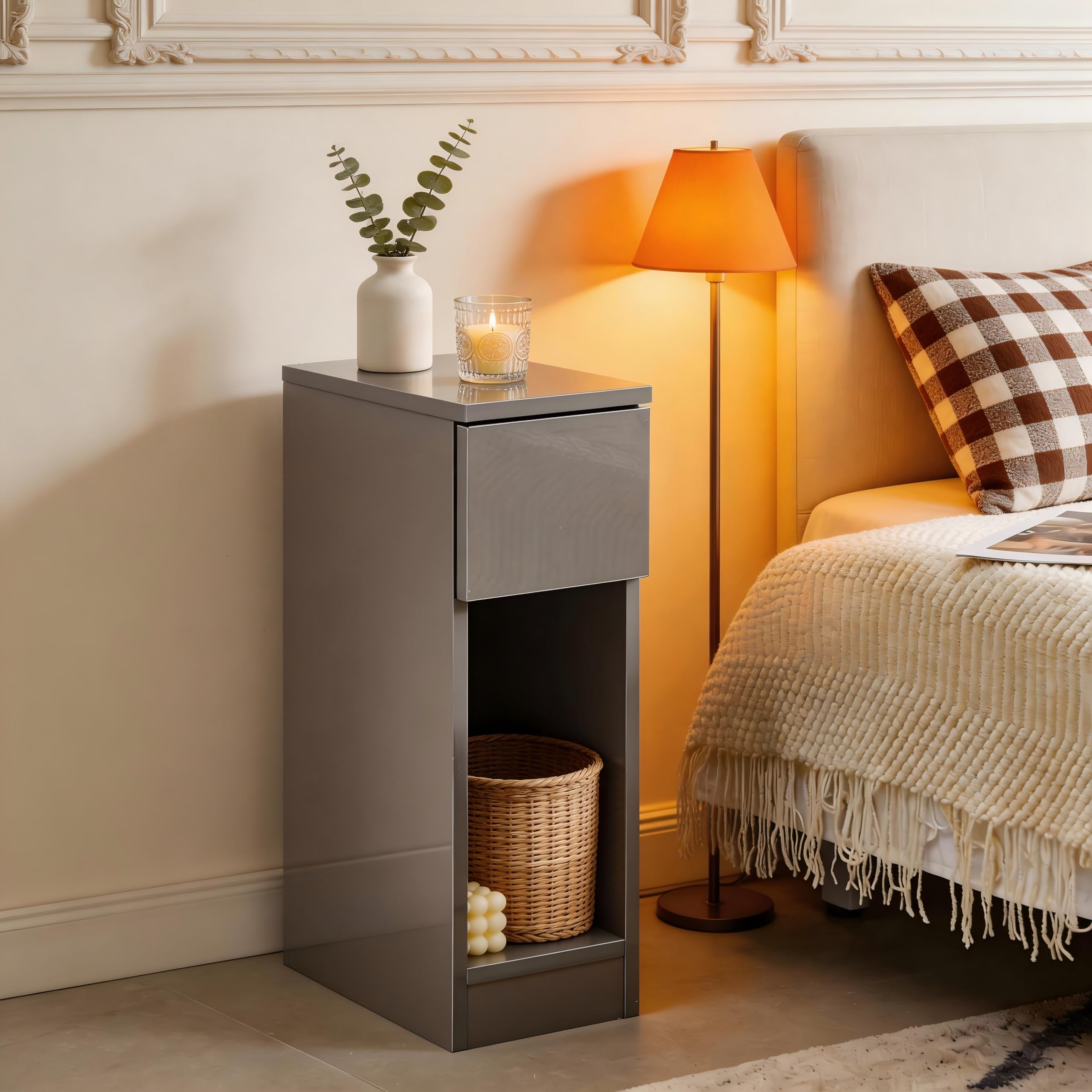 Homullel 20cm Narrow Bedside Cabinet Drawer Slim Bedside Table Small Nightstand Bed Side Table for Bedroom Living Room (1 Drawer, High Gloss Grey)