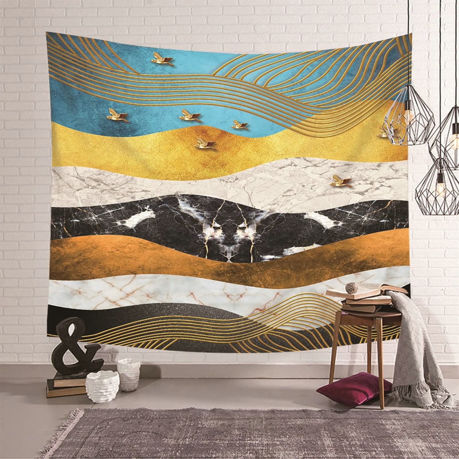 Tapiz de pared textil KnSam con acabado elegante de cumbres y golondrinas