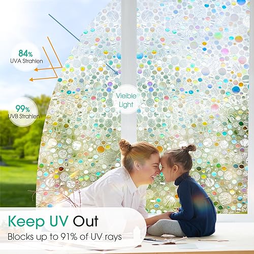 Miniatura 4 de Película de privacidad para ventana de vidrieras, diseño iridiscente, transparente, iridiscente, adherencia estática, 91% bloqueo de calor UV,