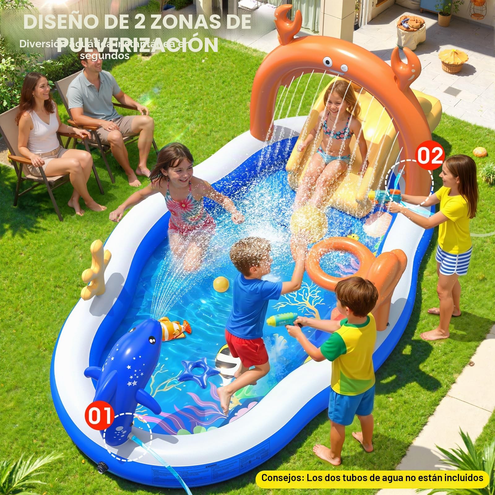 KingSom Piscina Infantil Hinchable, Juegos Hinchable Piscina para Niños con Tobogán, Rociador, Piscina Hinchable para Niños, Juegos de Aguas Exterior, Piscina Hinchable Familiar Jardín, 305x178x127 cm