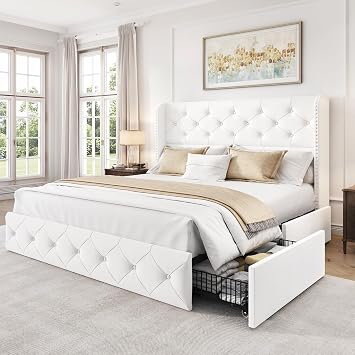 LARMACE Full Size Bed Frame with 4 Storage Drawers and 47.2" Tall Wingback Headboard Velvet Upholstered Platform Bed Frame Tufted Beds with Wooden Slats Support, Easy Assembly, White