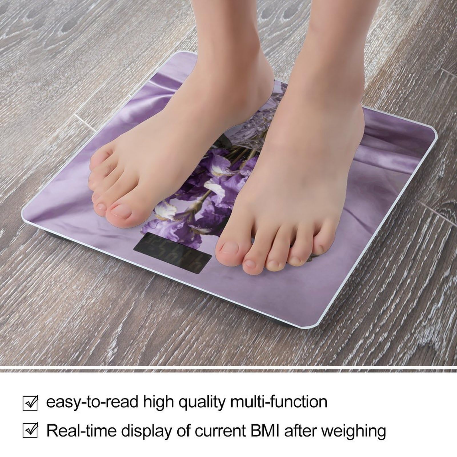 Elegante báscula de peso corporal inteligente violeta, alta precisión con pantalla LCD grande, báscula de peso duradera para uso doméstico, mide hasta 400 libras/180 kg
