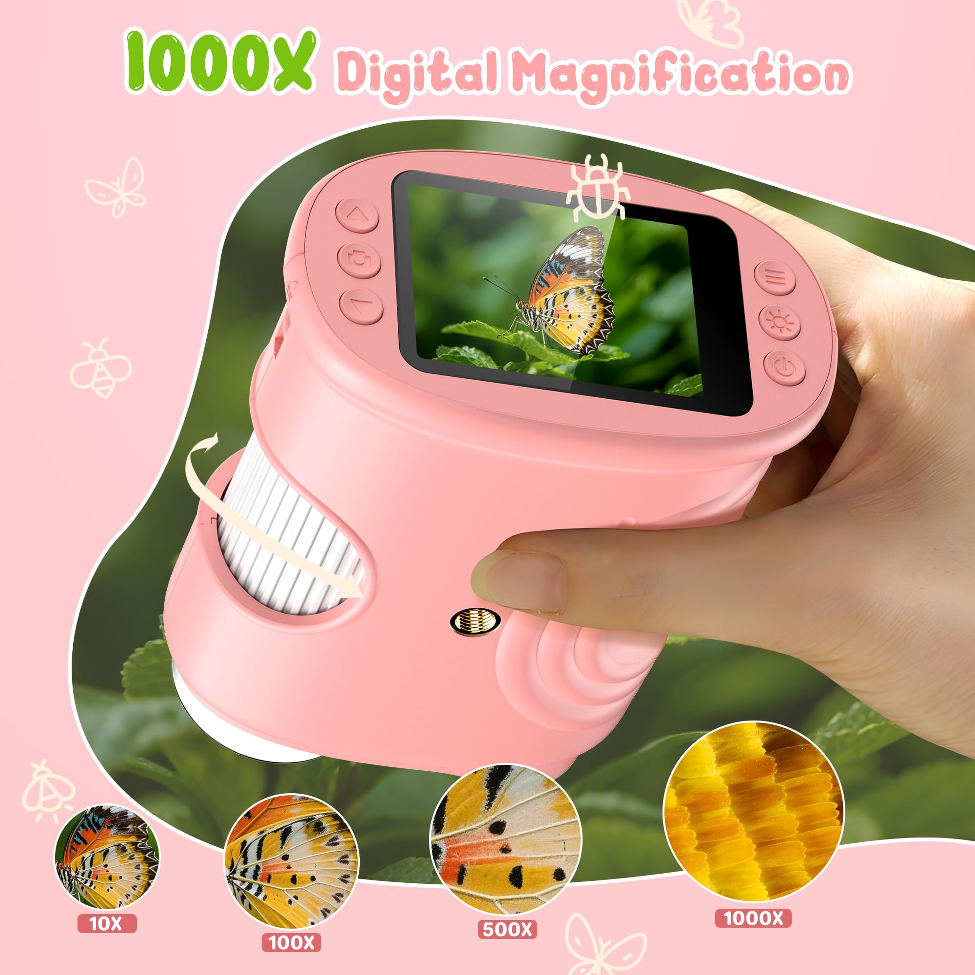 1000X Portatil Digital Microscopio Niños: Magnifying Glass para 2.0" IPS Pantalla - Regalo Original 3-8 8-12 Años Niña Infantil - Lupas Gran Aumento con Luz Rosa