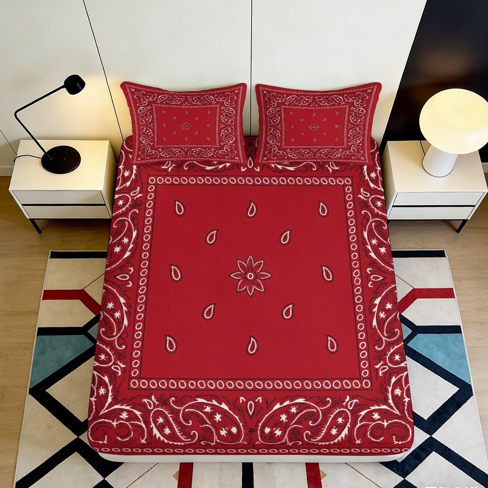 Pnayamiorkfel Style-1 3D Printed Red Paisley Fitted Sheet Microfiber Soft Bed Cover Boho Bandana Pattern For Bedroom Guest Room Decor 90X200x25cm