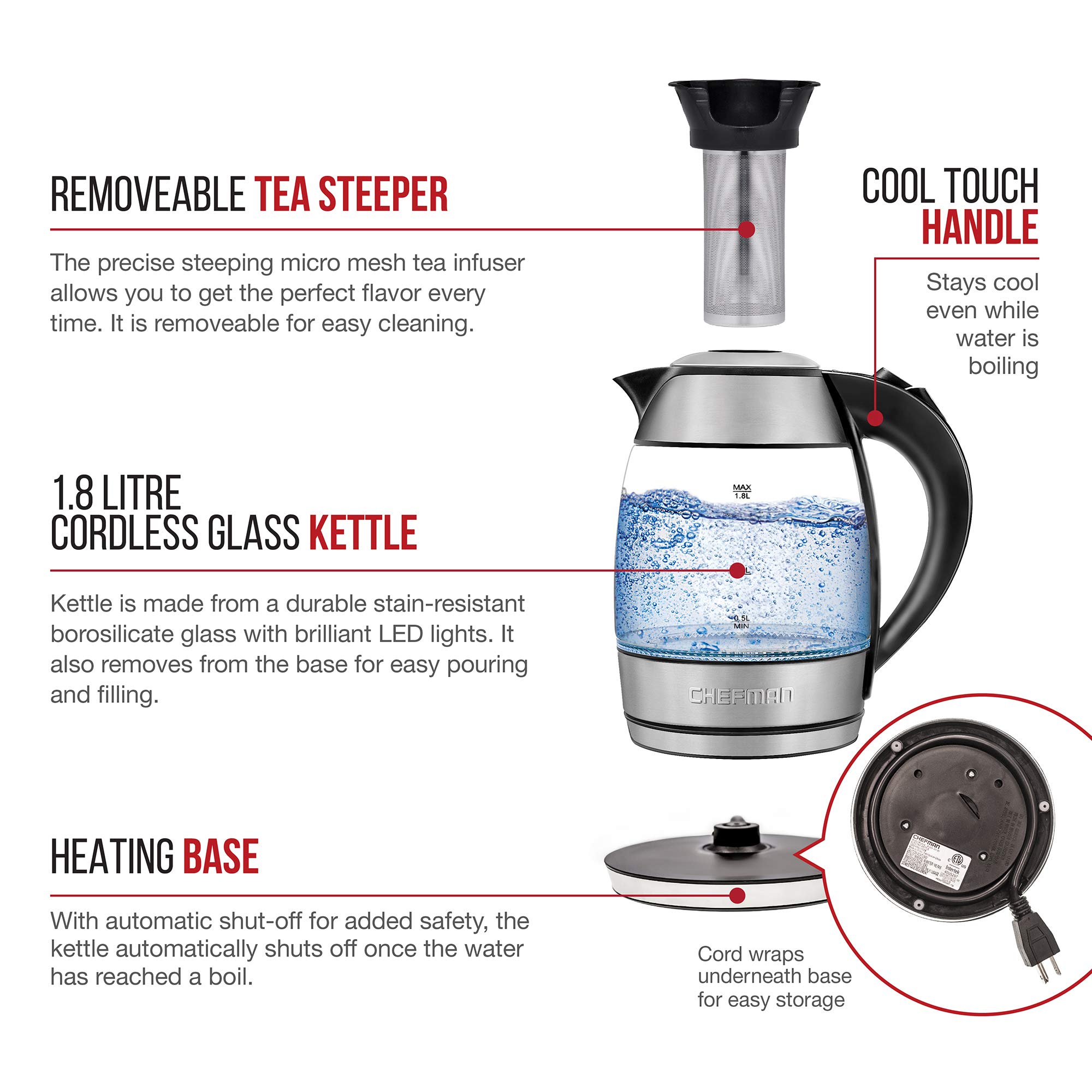 Buy Chefman Electric Glass Kettle, Fastboiling Water Heater w/ Auto