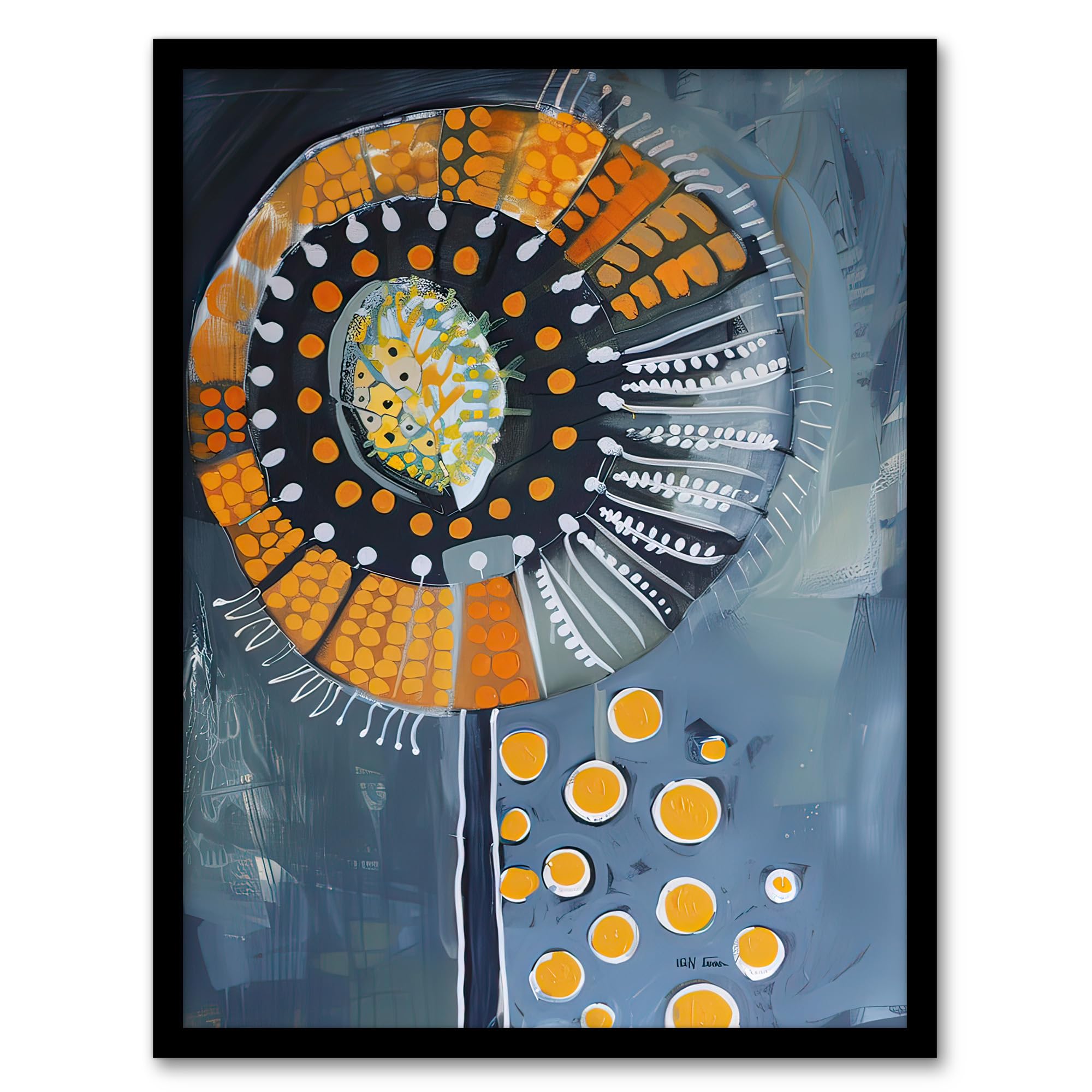 Artery8 Abstract Dandelion Orange Blue Floral Folk Art Living Room Artwork Framed Wall Art Print A4