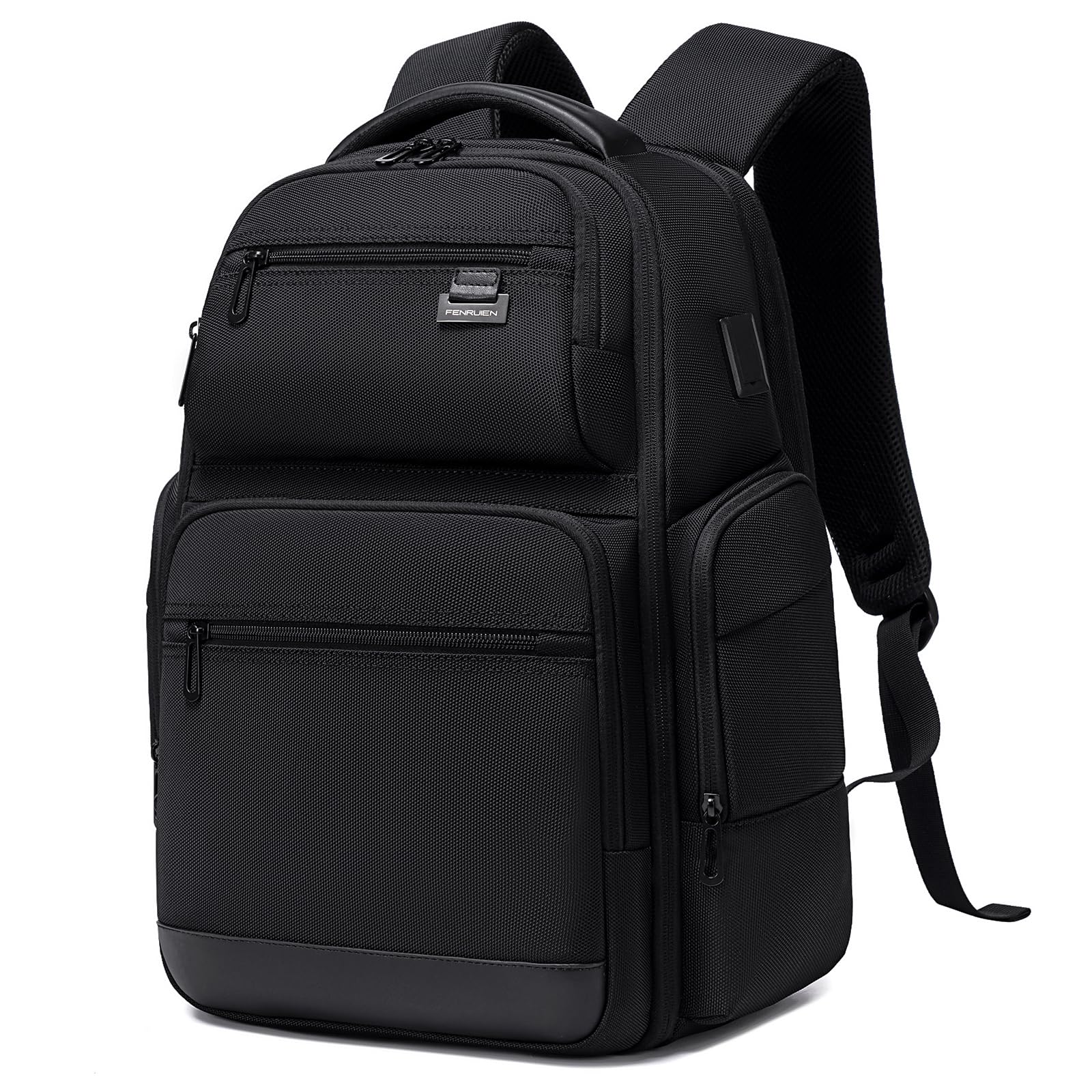 Mochila de viaje de negocios para hombres, mochila para laptop de gran capacidad con puerto de carga USB, bolsa negra expandible multifuncional resistente al agua para computadora de 15.6