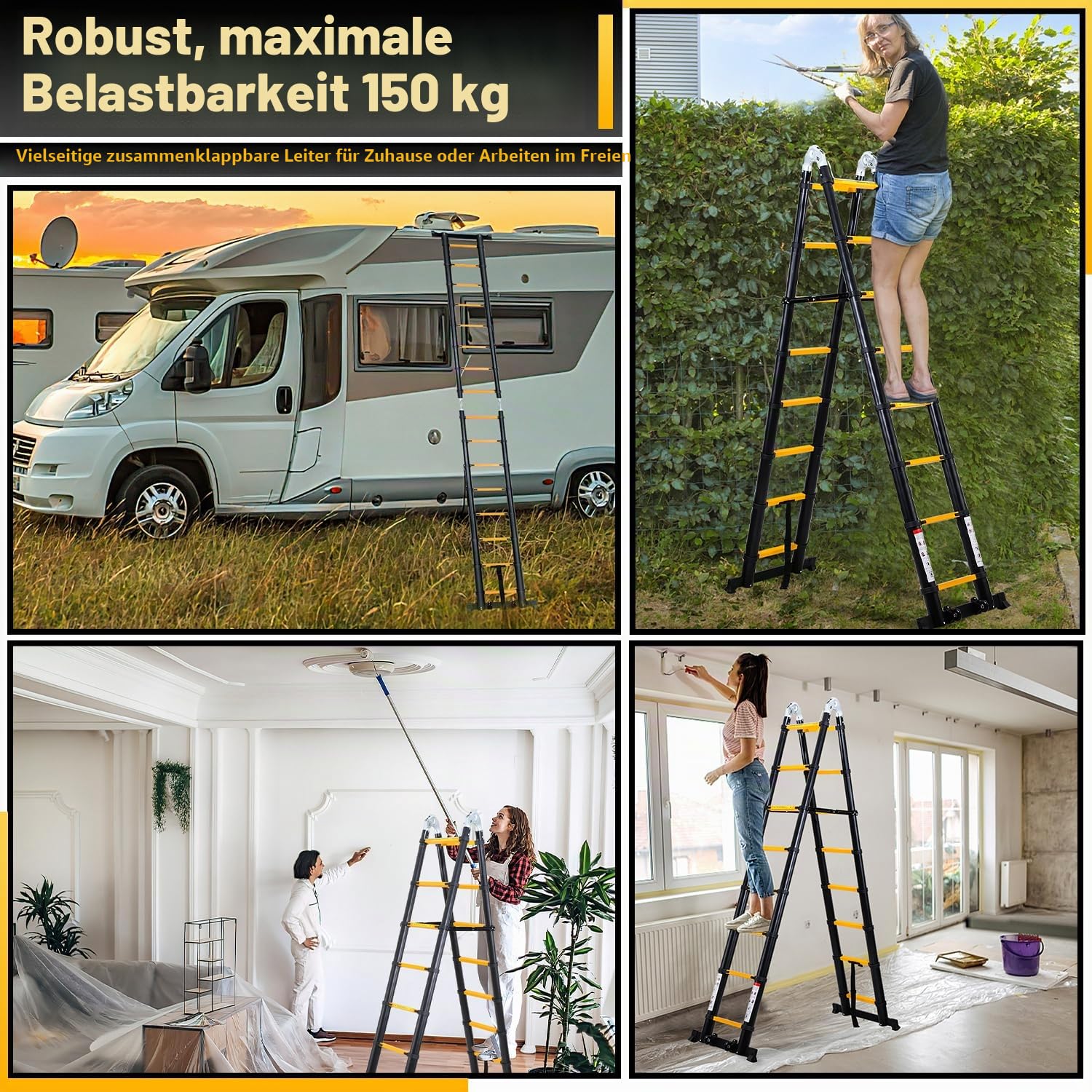 3.8M (1.9+1.9) Teleskopleiter, rutschfeste Mehrzweckleiter Tragbare Aluminium Teleskopleitern Max Belastung 150 kg (Schwarz)
