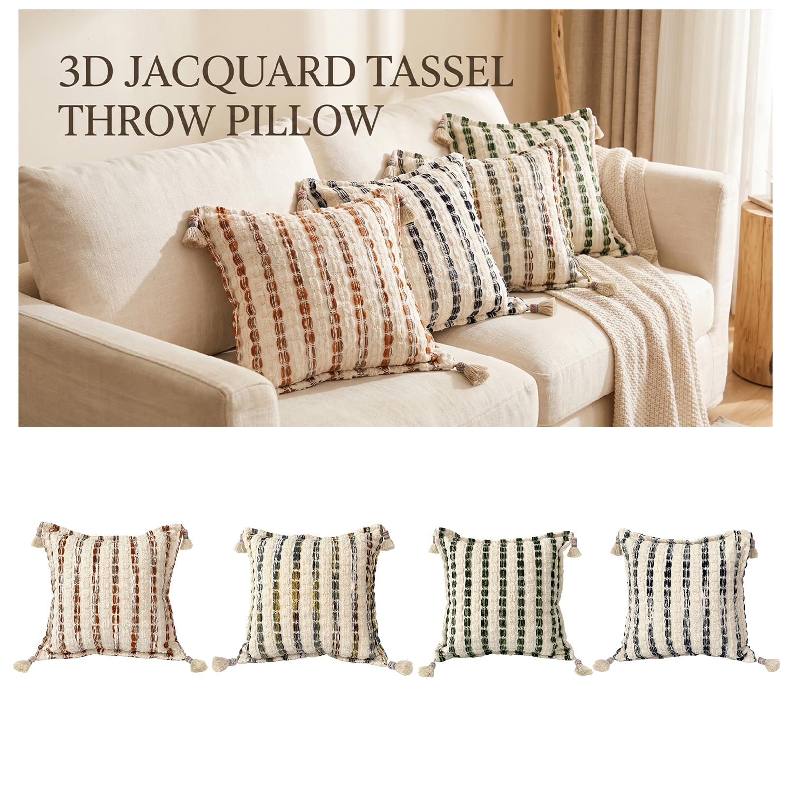 Cojín Cuadrado Decorativo de Terciopelo con Textura a Rayas con borlas e Inserto, 45x45cm, para decoración de sofá y Dormitorio, Funda de Almohada Decorativa con Inserto