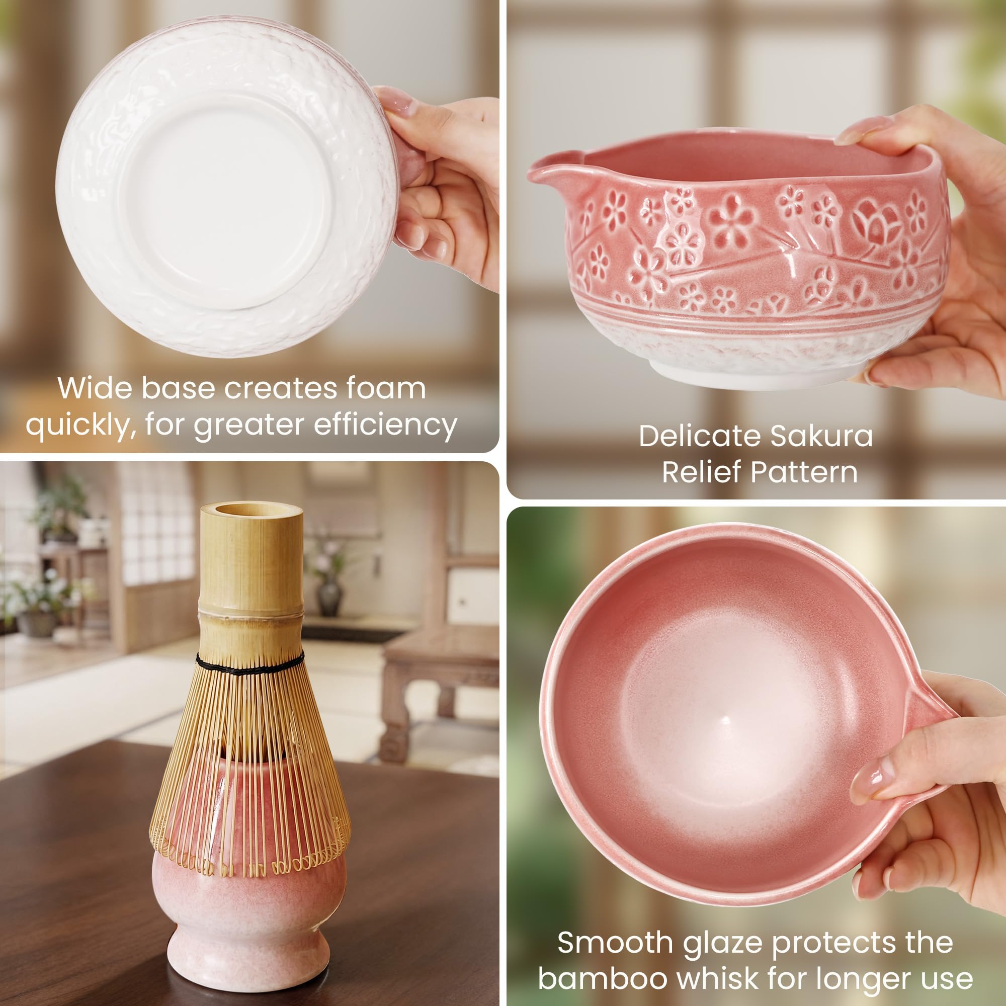 Zestaw do matcha w kolorze różowym, 7-sztuk bambusową miotełką i uchwytem, ceramiczną miseczką matcha oraz inne akcesoria, japoński zestaw do ceremonii parzenia herbaty dla początkujących