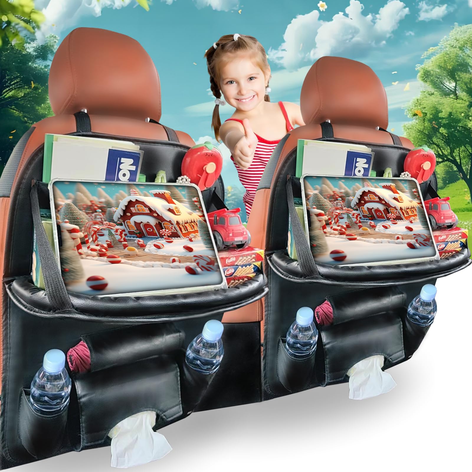 Car Backseat Organizer with Tablet Holder, 8 Storage Pockets Car Storage Organizer with Foldable Food Tray for Kids Car Travel Accessories, Car Seat Back Protectors Kick Mats, 2 Pack