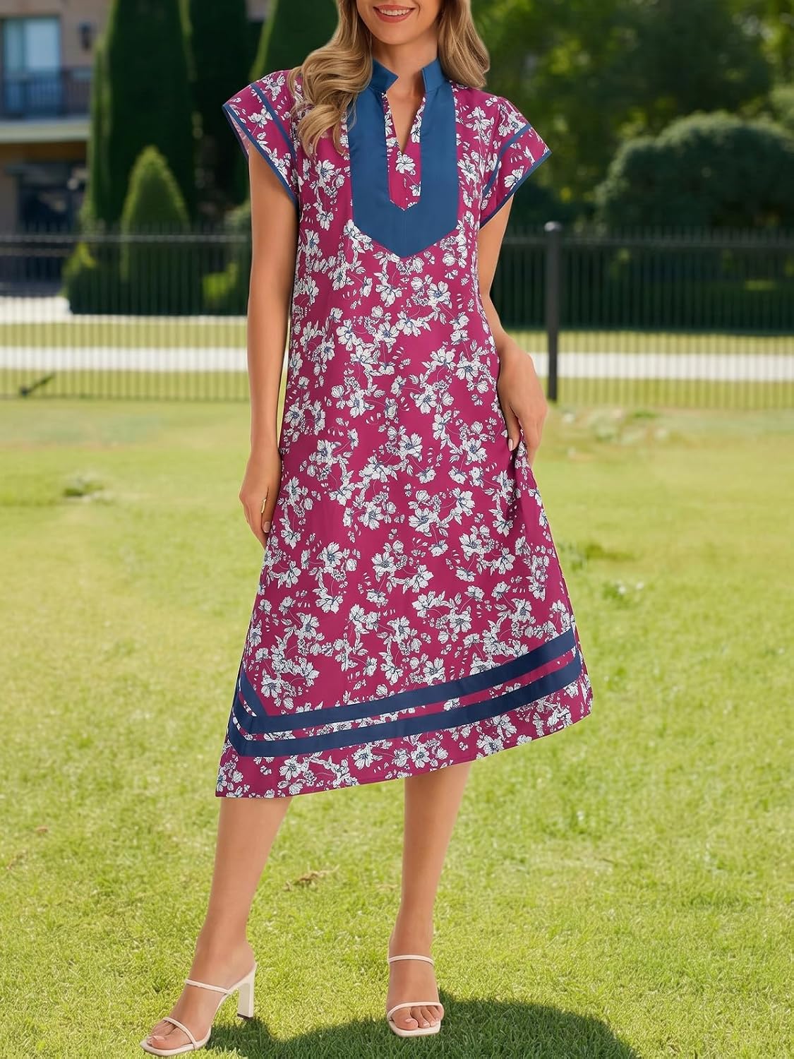 Wenrine Womens Summer Floral Maxi Dress Casual Short Cap Sleeve V Neck Color Block Side Slit Loose Boho Beach Dresses
