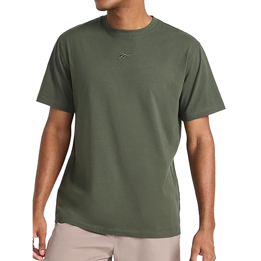 Reebok Men's Short Sleeve Crewneck Embroidered T-Shirt, Standard Fit, Lightweight Stretch Cotton Fabric