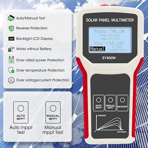 Miniatura 2 de Medidor de potencia de panel solar de 800 W, monitor multímetro de panel fotovoltaico de mano, amplificador de voltaje MPPT con pantalla LCD