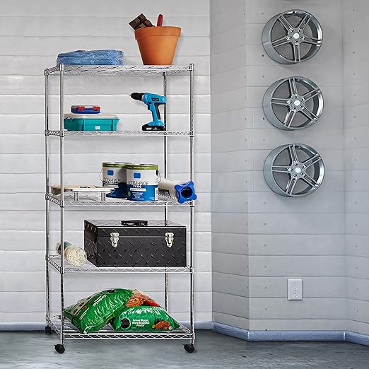 Seville Classics 5Tier UltraZinc Steel Wire Shelving /w Wheels, 14" D