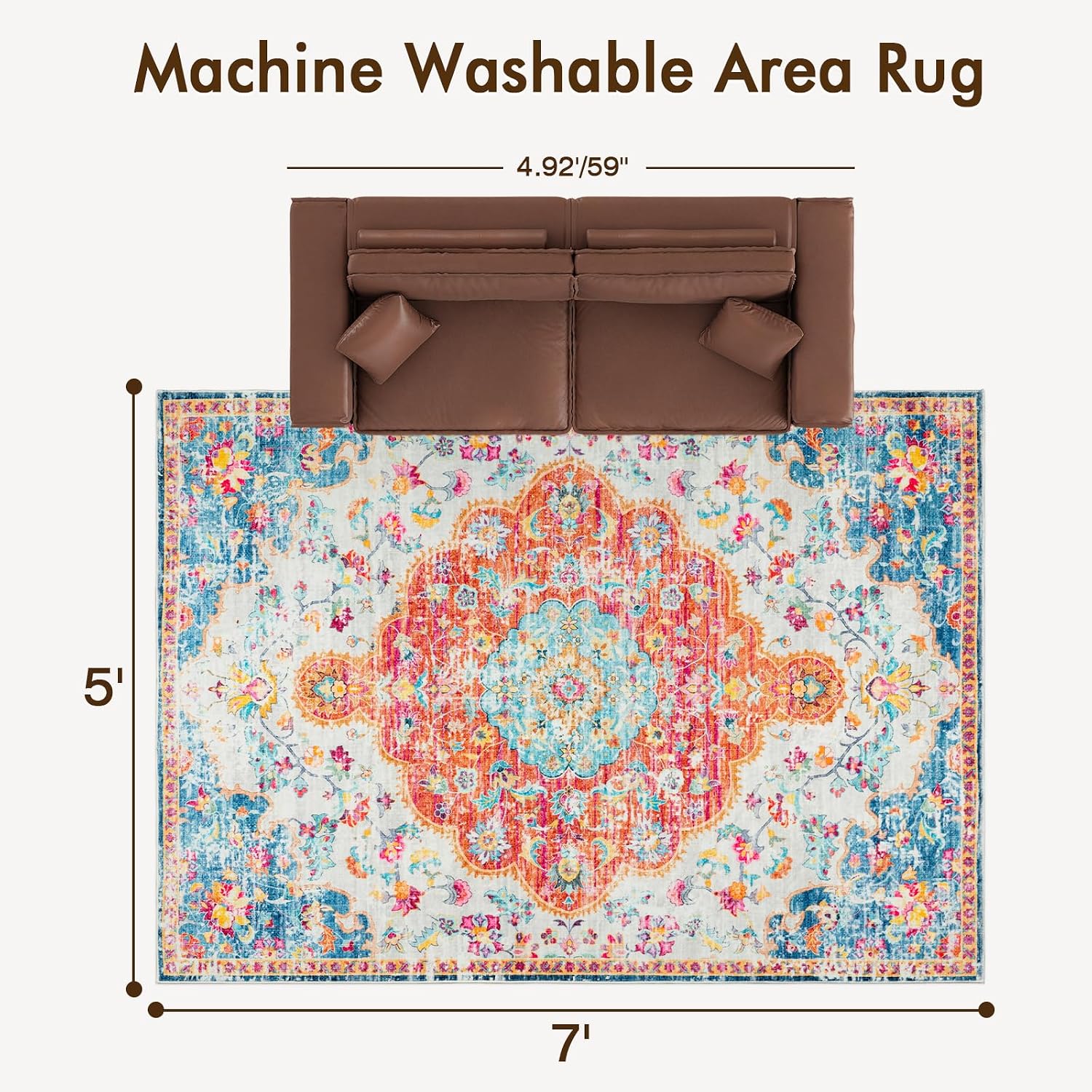 5x7 Machine Washable Area Rug for Living Room, Boho Neutral Floor Rugs for Kids, Non-Slip Low Pile Room Carpet for Bedroom, Dining Room & Nursery(5x7 Orange)