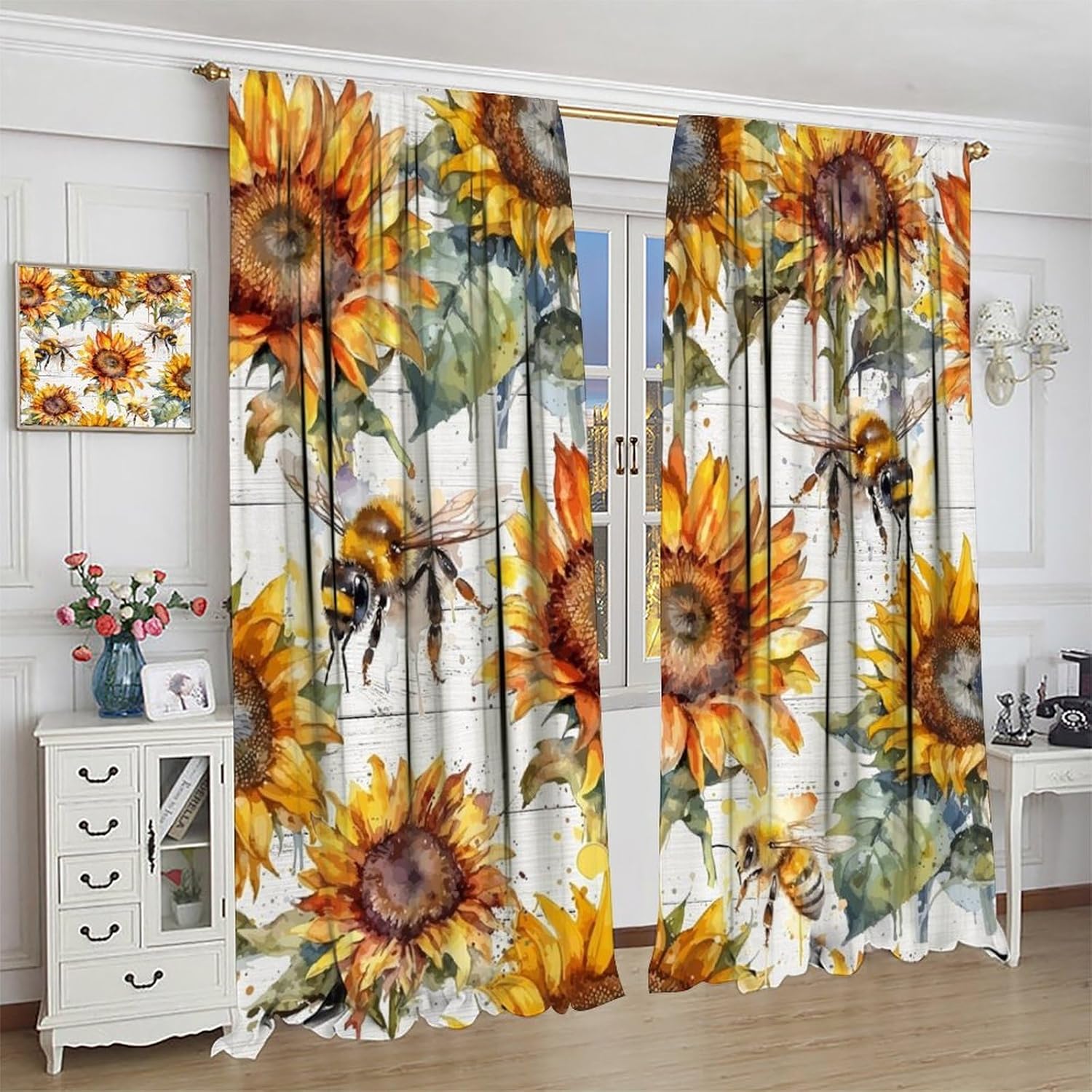 Bee Sunflower Curtains Rural Farmhouse Wood Board Flower Art Printed Blackout Window Drapes for Bedroom Kitchen Decor Fabric Set 2 Panel 42x45 Inch 80% Shading Rate