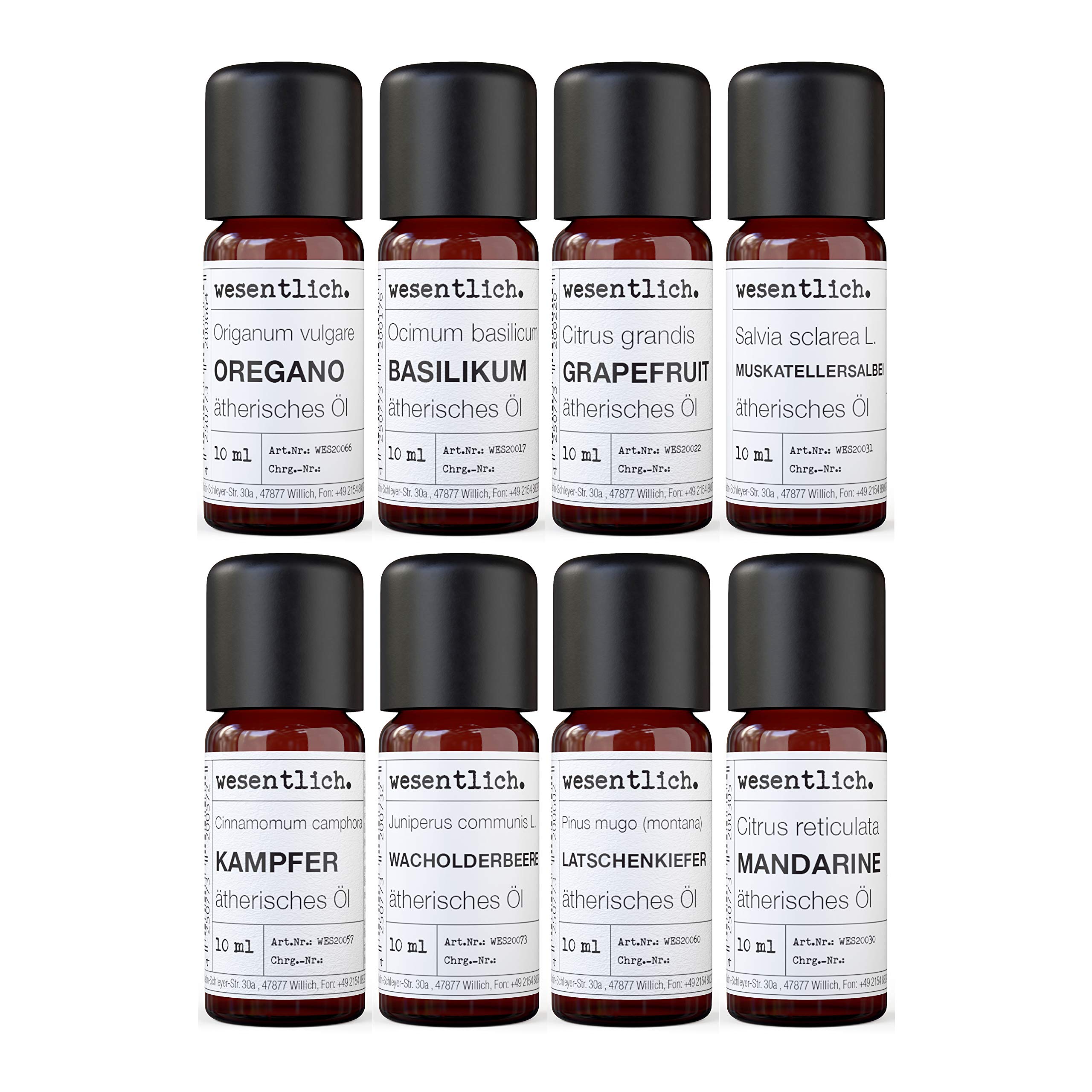 Ätherische Öle Set No. 3 (Basisdüfte) von wesentlich. Oregano, Basilikum, Grapefruit, Latschenkiefer, Muskatellersalbei, Wacholderbeere, Kampfer und Mandarine - 100% naturrein