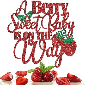 A Berry Sweet Baby Is On The Way Cake Topper, Red Glitter Strawberry Baby Shower for Fruit Theme Baby Shower Kids Birthday Party Strawberry Fruit Party Cake Decorations Supplies