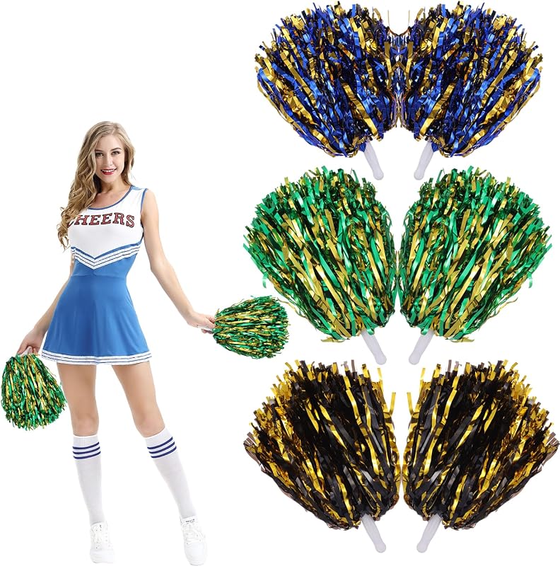 6 Piezas Pompones Animadora Pompones de Colores para Animadoras Pompones Animadora Niña Pompon Animadora con Asa para Eventos Deportivos Juegos Escolares Baile y Raves(Oro Verde Oro Negro Oro Azul)