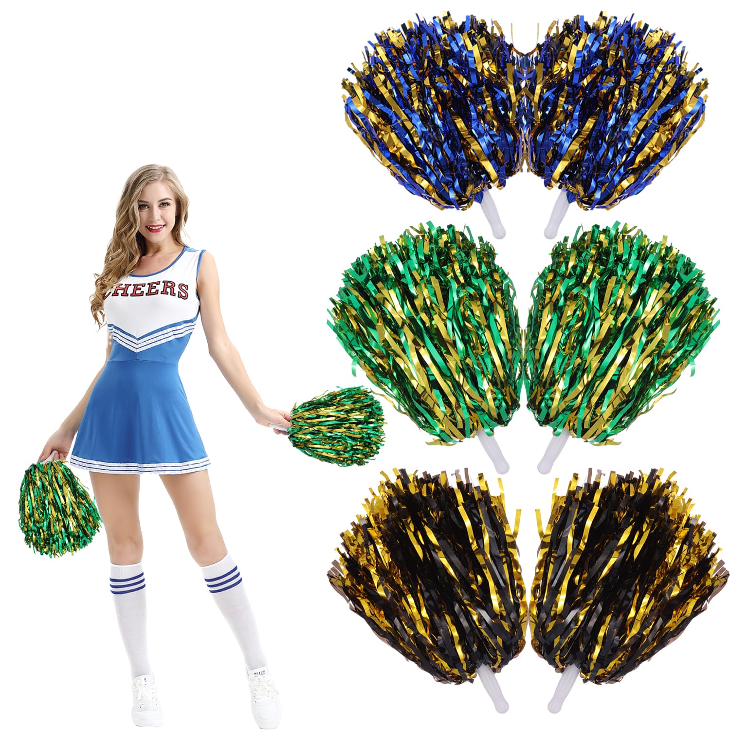 6 Piezas Pompones Animadora Pompones de Colores para Animadoras Pompones Animadora Niña Pompon Animadora con Asa para Eventos Deportivos Juegos Escolares Baile y Raves(Oro Verde Oro Negro Oro Azul)