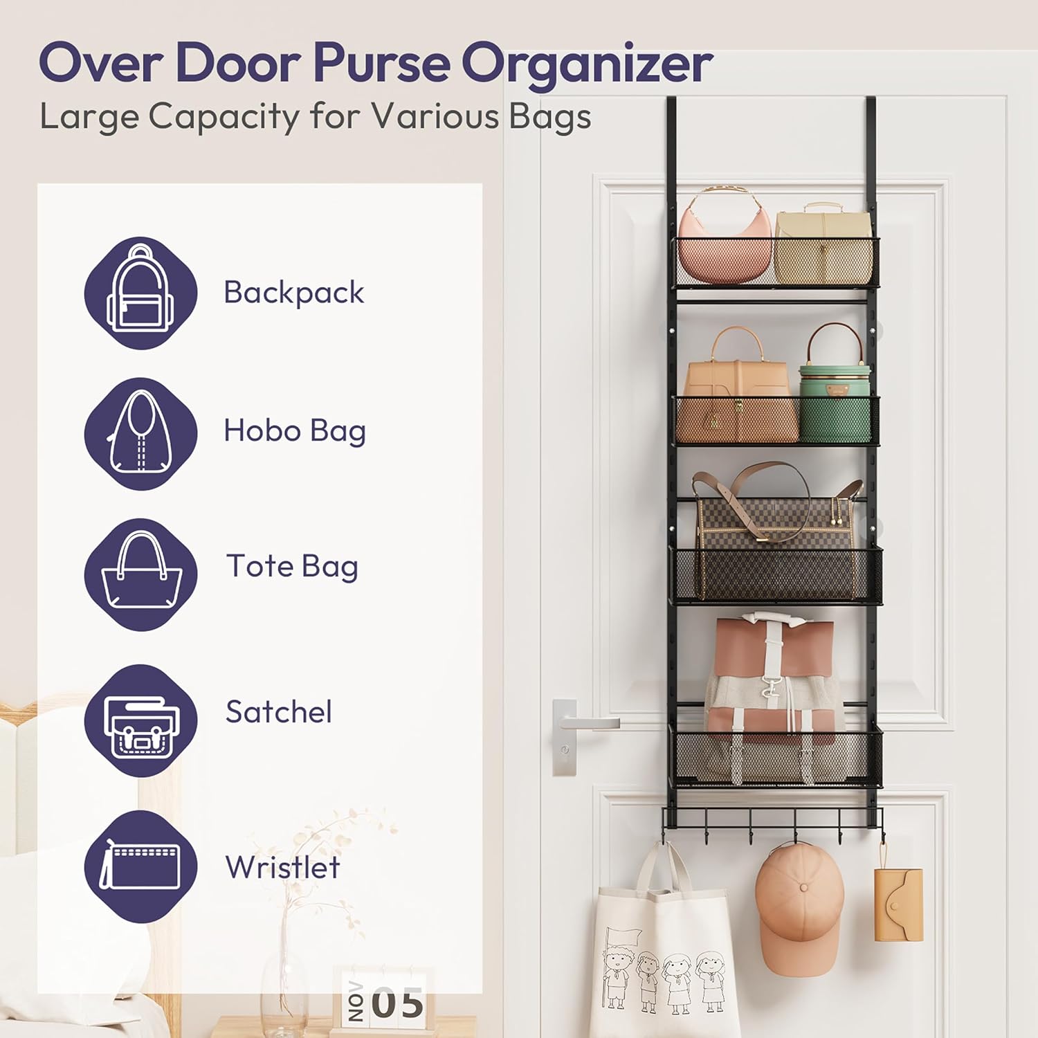 SWTYMIKI Over The Door Purse Organizer - Wall Mounted Purse Rack with 4 Adjustable Metal Basket and 6 Hooks, Hanging Bag Rack for Handbag Organizer, Bag Storage Can Use As 1/2 Part, for Door, Closet - Image 4