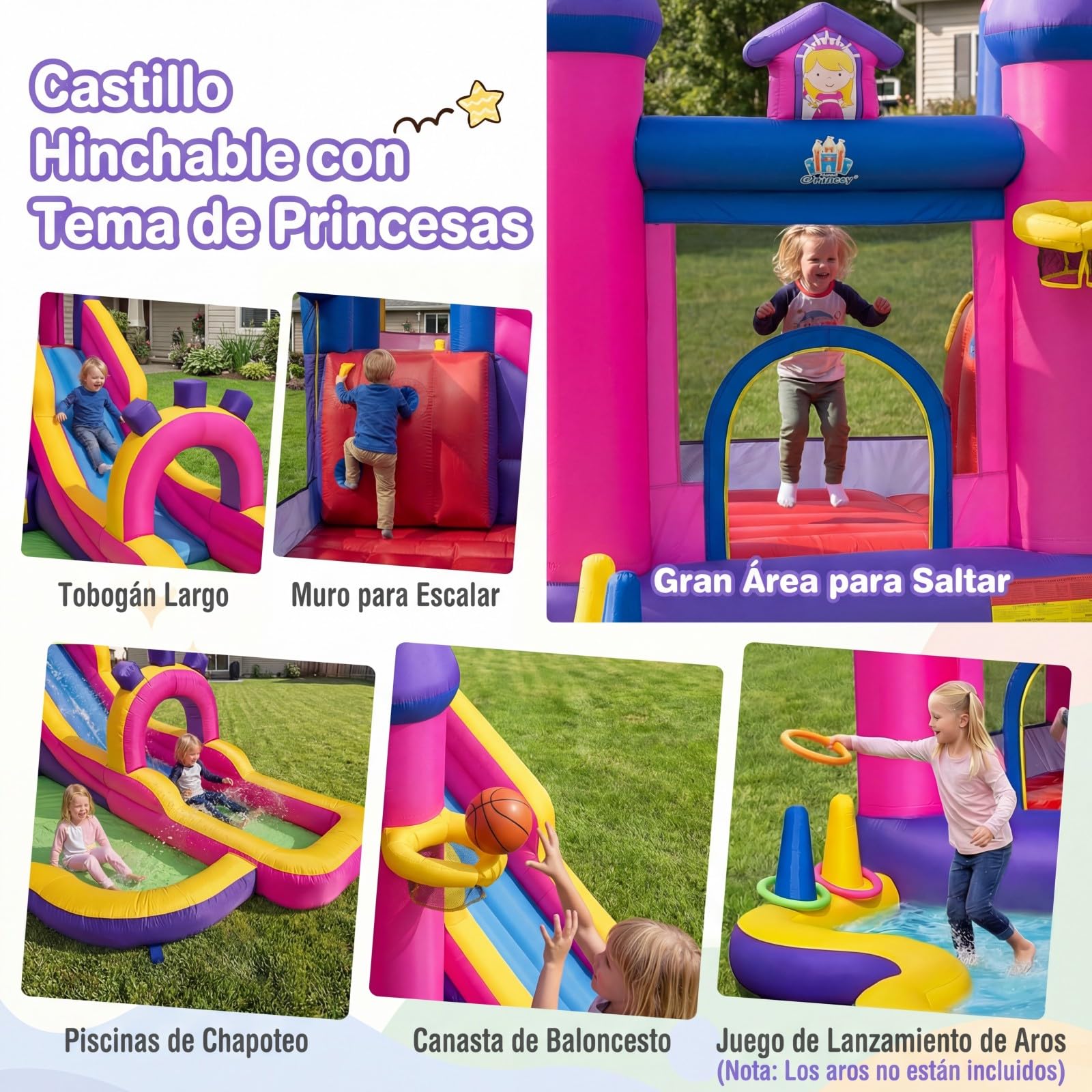 COSTWAY Castillo Hinchable para Niños, Parque Infantil Acuático Tema de Princesas con Tobogán Largo, Canasta de Baloncesto, insuflavel criança para Niños, Jardín, Césped, 460x290x245 cm (sin Soplador)