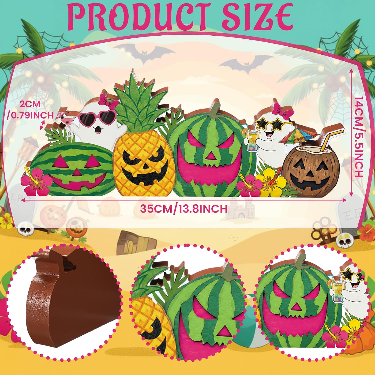 Novabright Summer Halloween Table Decor Wooden Pumpkin Face Tiered Tray Decor Cute Ghost Block Sign Watermelon Pineapple Centerpiece for Summer Halloween Home Kitchen Shelf Party Decoration Gift