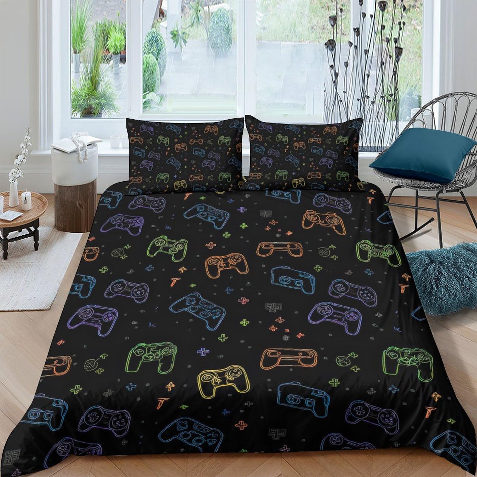 Ctjqhvkz Style-3 3D Printed Colorful Gamepad Fitted Sheet Microfiber Soft Breathable Neon Controller Mattress Cover For Bedroom Dorm Decor Single（135X200cm）