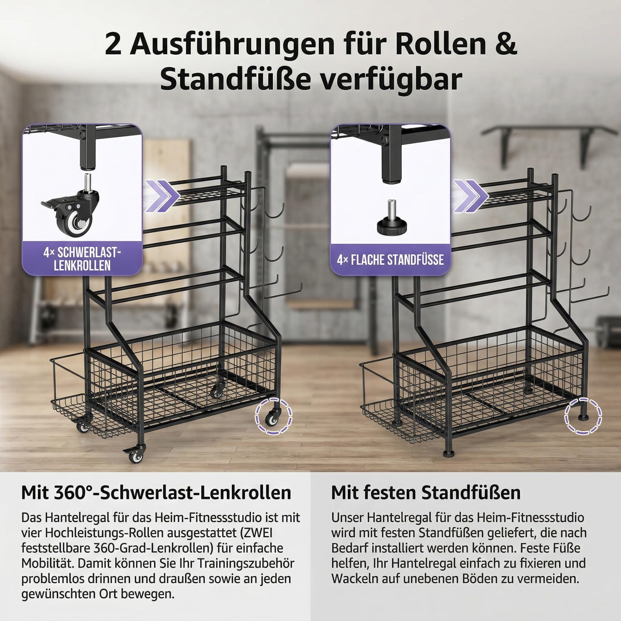 Hantelständer & Gewichtsablage für Home Gym, All-in-One Fitness Aufbewahrung mit Rollen & Haken für Kurzhanteln, Kettlebells, Yogamatten, Verstellbares Hantelregal aus Stahl